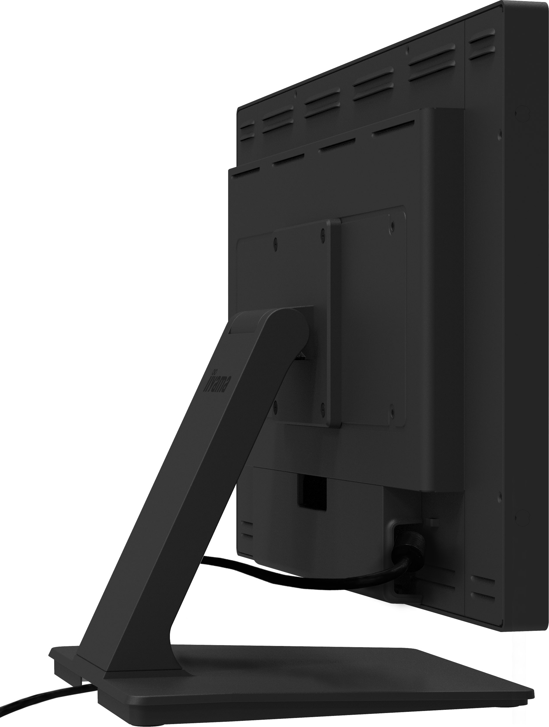 Schwarzer Computermonitor von hinten. Der Ständer und die Rückseite des Monitors sind vor weißem Hintergrund sichtbar.