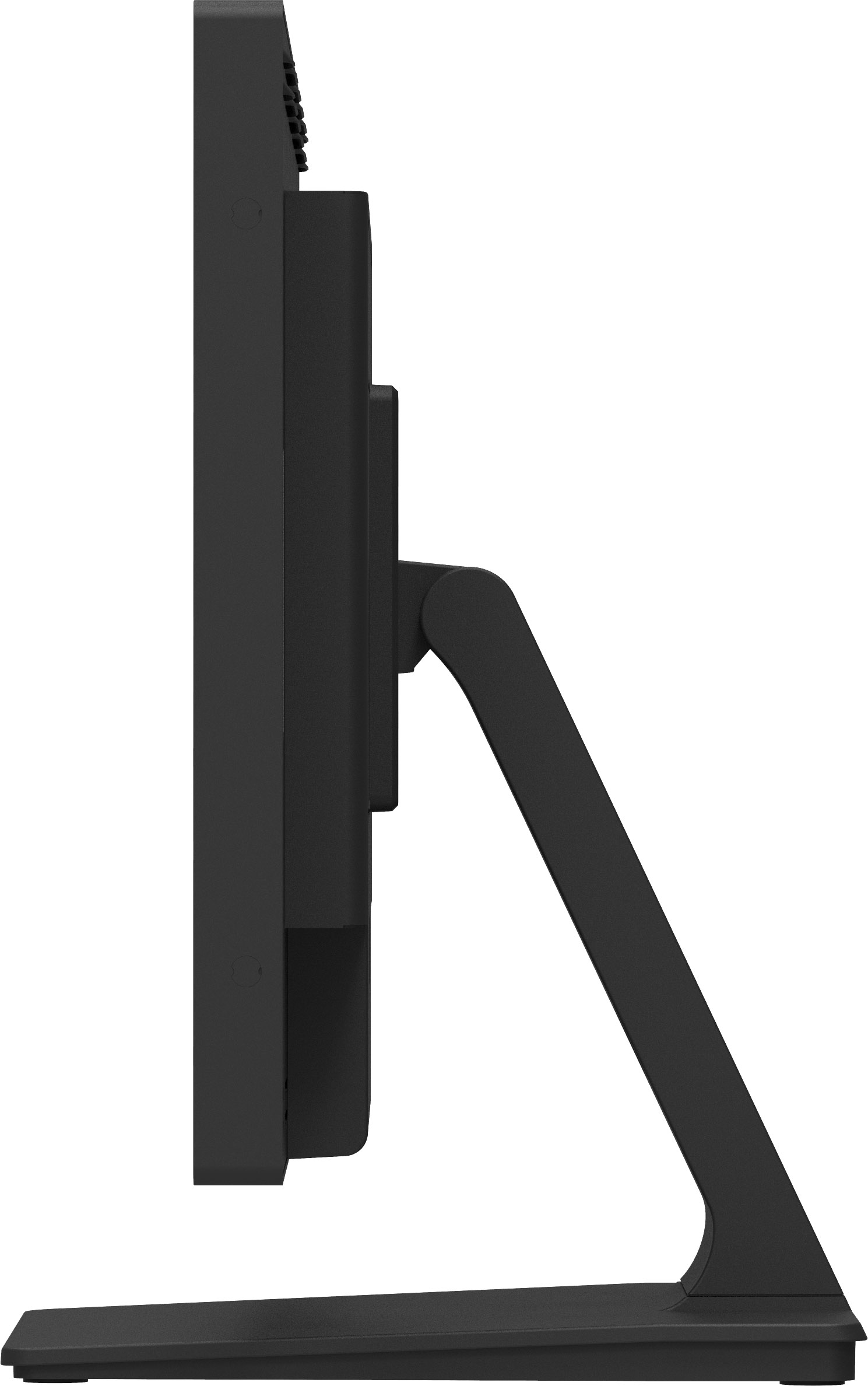 Seitenansicht eines schwarzen Computermonitors. Er hat einen Fuß, einen Ständer und einen Bildschirm. Der Bildschirm ist ausgeschaltet.
