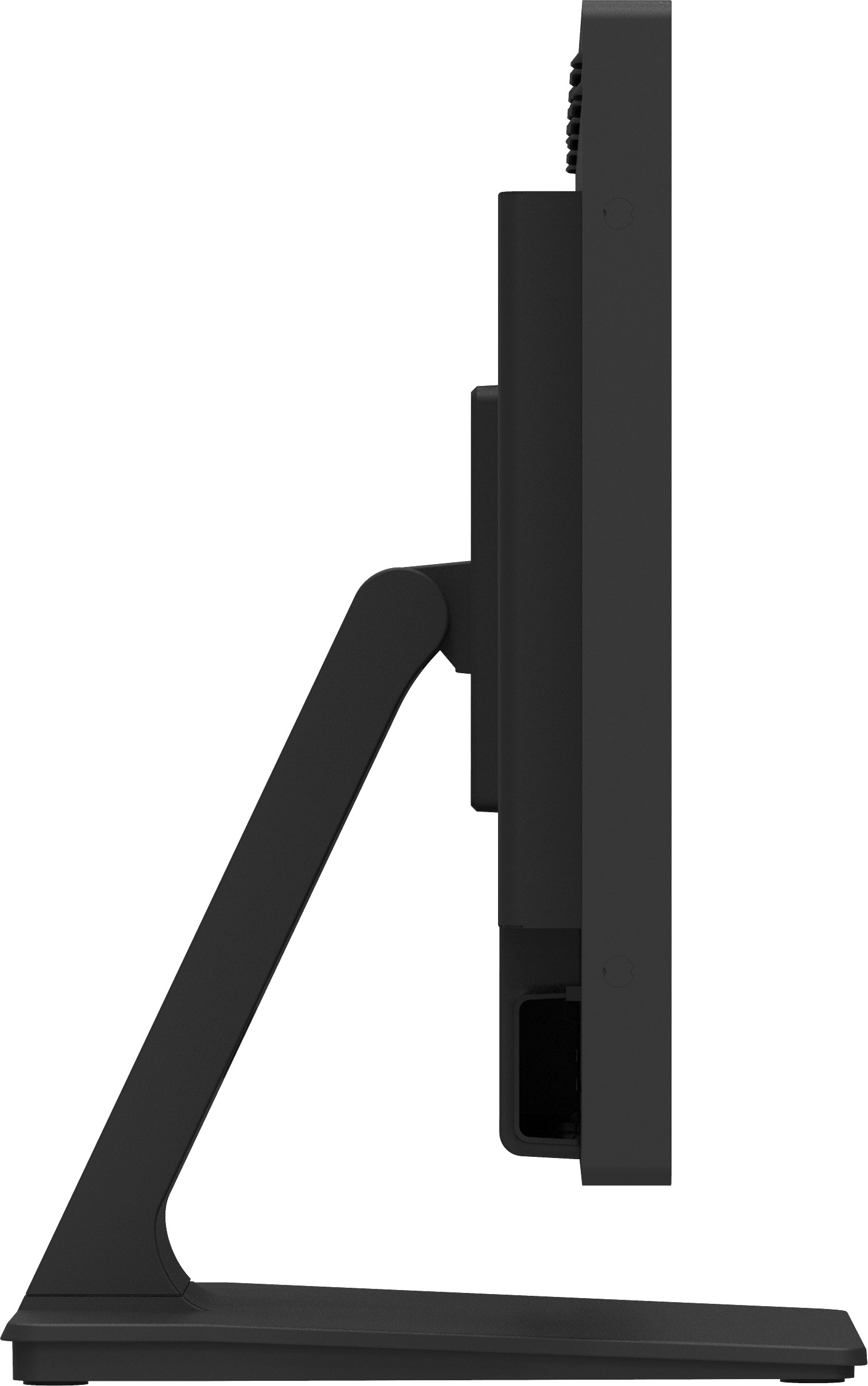 Ein schwarzer Computermonitor, von der Seite betrachtet, mit Ständer und Sockel. Der Monitor ist rechteckig.
