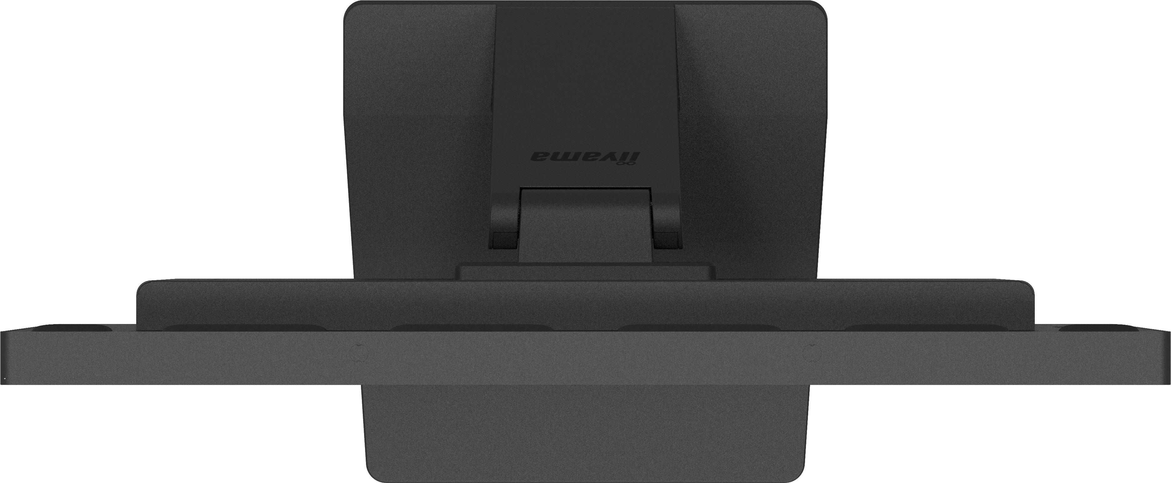 Ein schwarzer Computermonitor aus der Vogelperspektive. Der Markenname 'iiyama' ist sichtbar. Der Fuß ist breit und stabil.