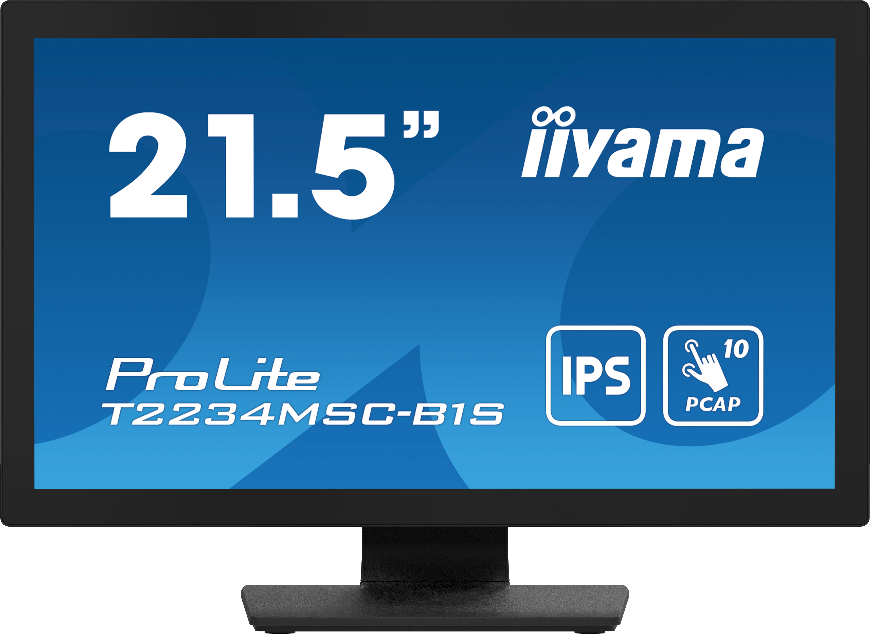 Ein Computermonitor zeigt "21.5" iiyama ProLite T2234MSC-B1S". Er hat einen schwarzen Rahmen und Sockel mit blauem Hintergrund.
