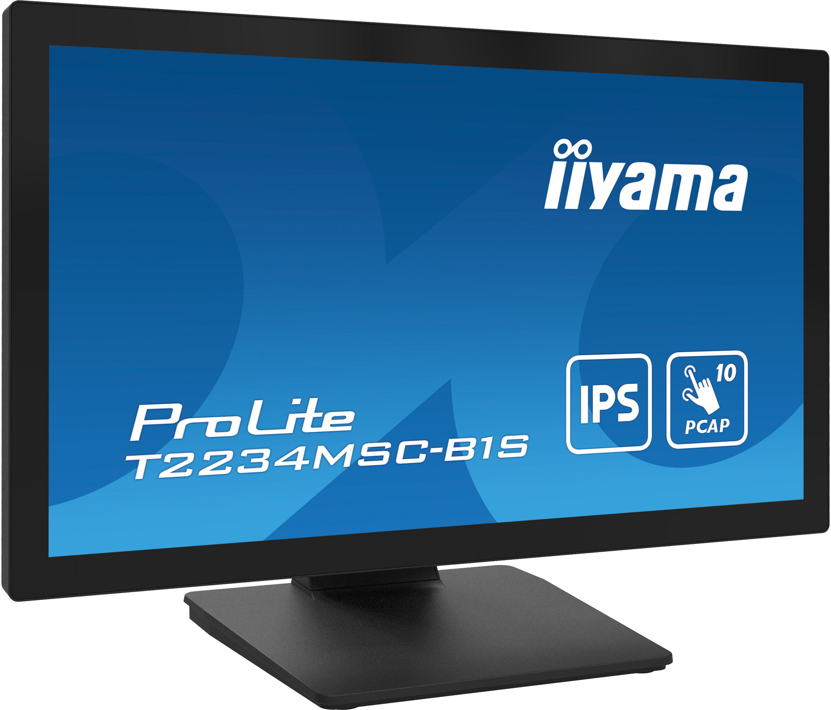 Ein schwarzer Iiyama ProLite T2234MSC-B15 Monitor. Der Bildschirm zeigt den Markennamen und Funktionen in weißer Schrift auf blauem Hintergrund.