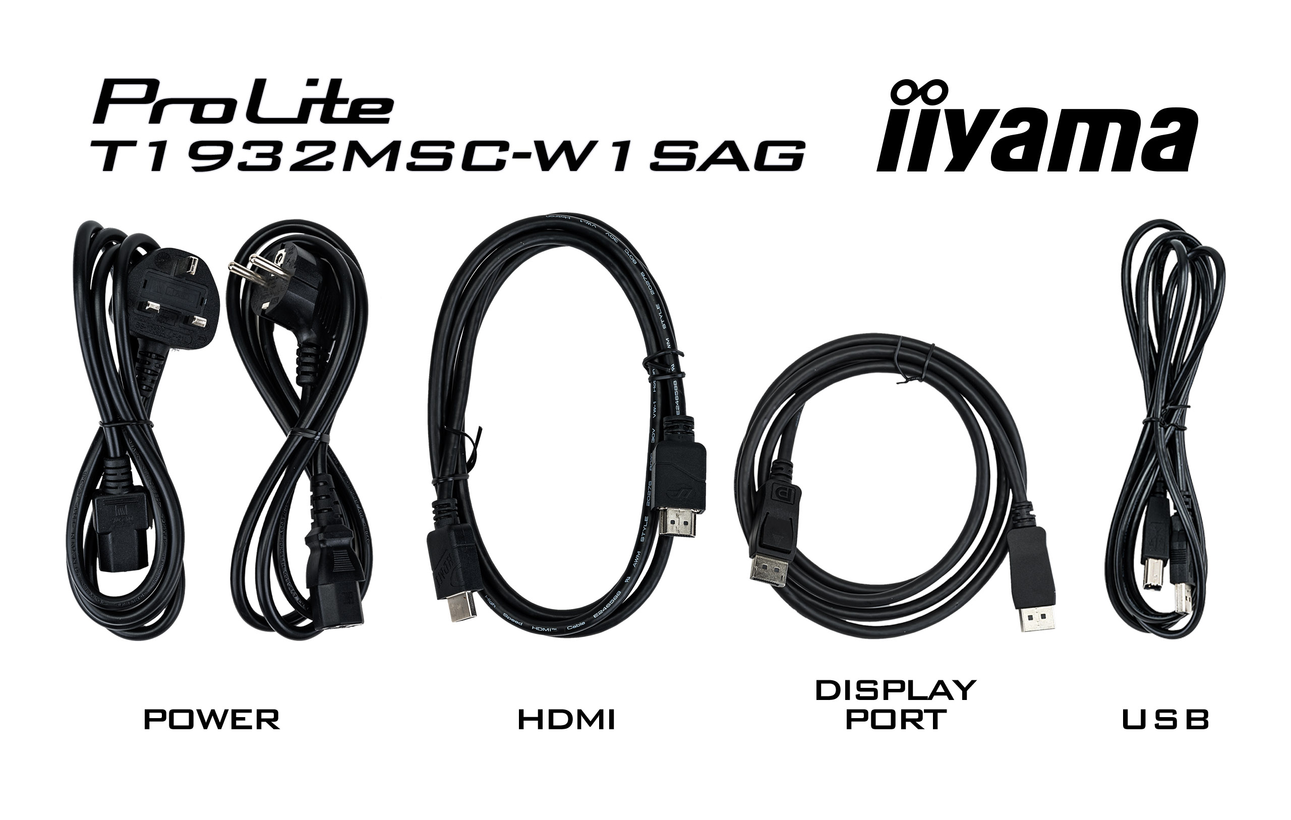 Das Bild zeigt Strom-, HDMI-, DisplayPort- und USB-Kabel. Text sagt ProLite, iiyama.