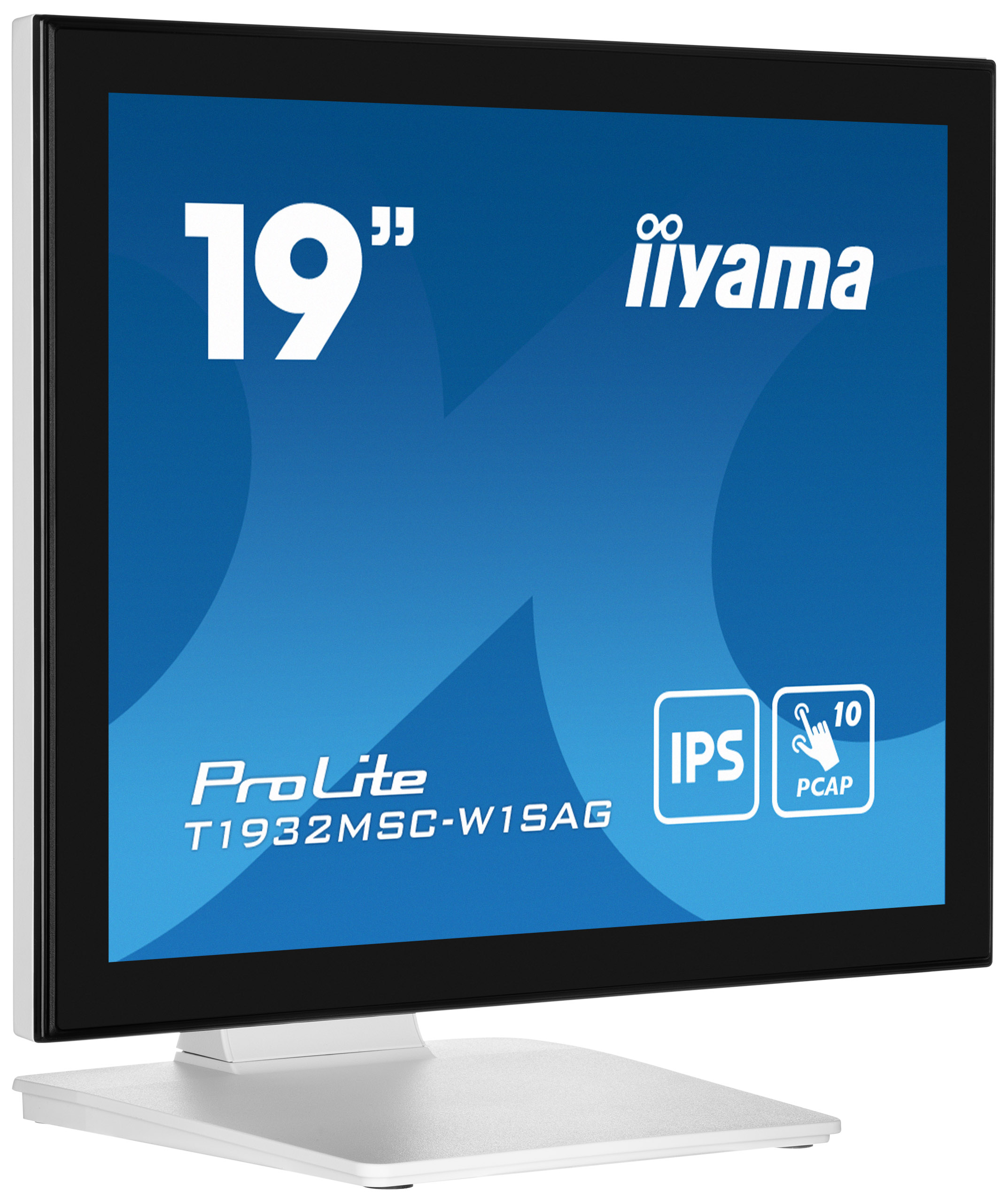 Ein 19" iiyama ProLite Monitor. Weißer Text auf blauem Hintergrund: 19", iiyama, ProLite, IPS, PCAP. Schwarzer Rahmen und weißer Ständer.