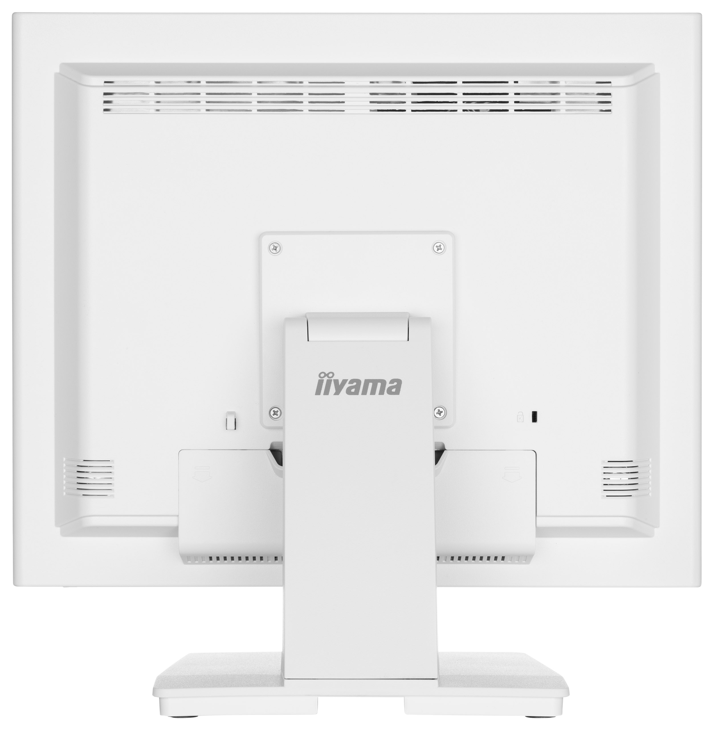 Rückseite eines weißen iiyama-Monitors. Der Ständer ist am Monitor befestigt, mit einem Logo in der Mitte.