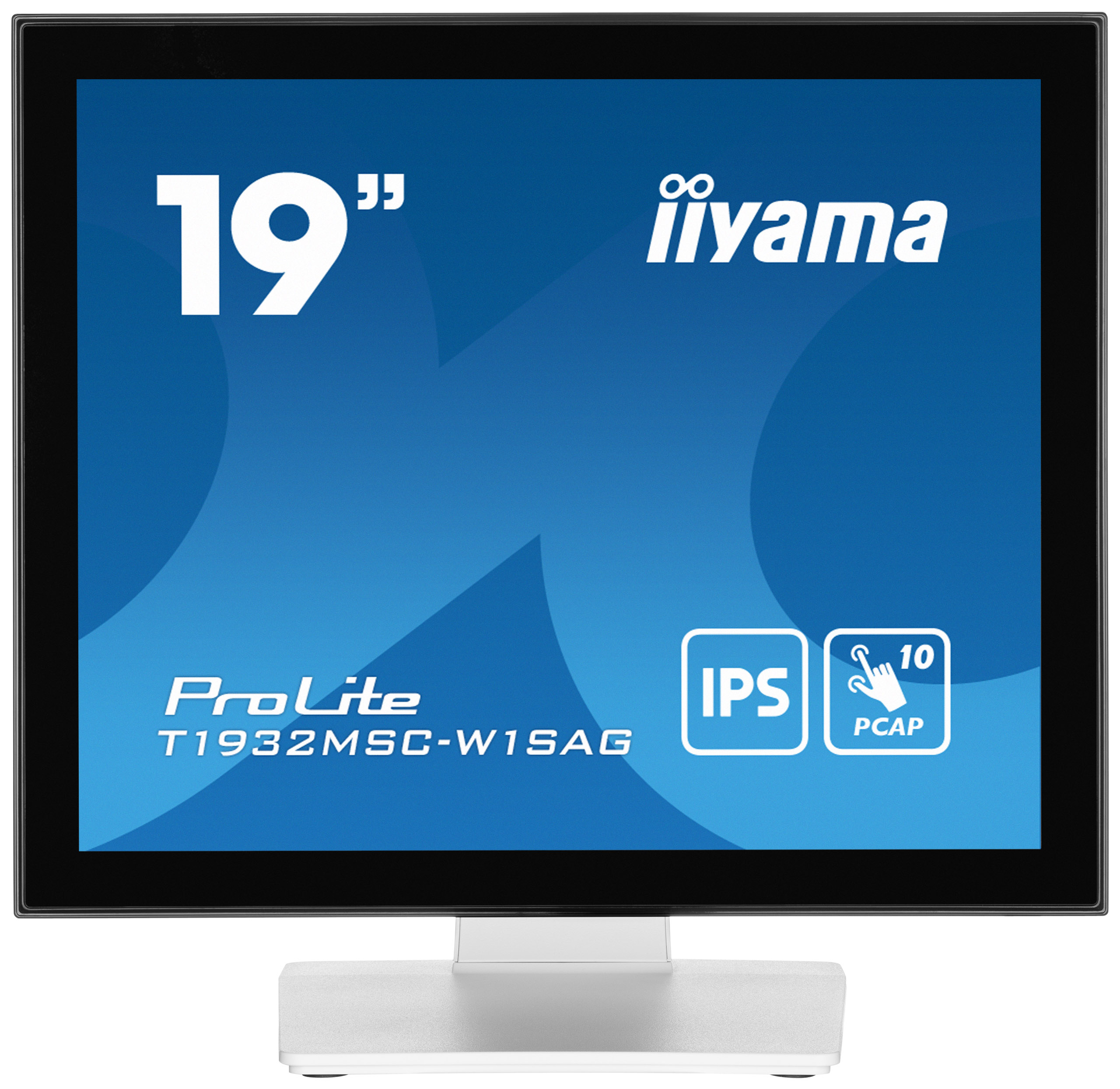 Ein 19-Zoll-iiyama ProLite Monitor mit blauem Bildschirm, schwarzem Rahmen und silbernem Ständer. Er hat Touchscreen-Funktionen.