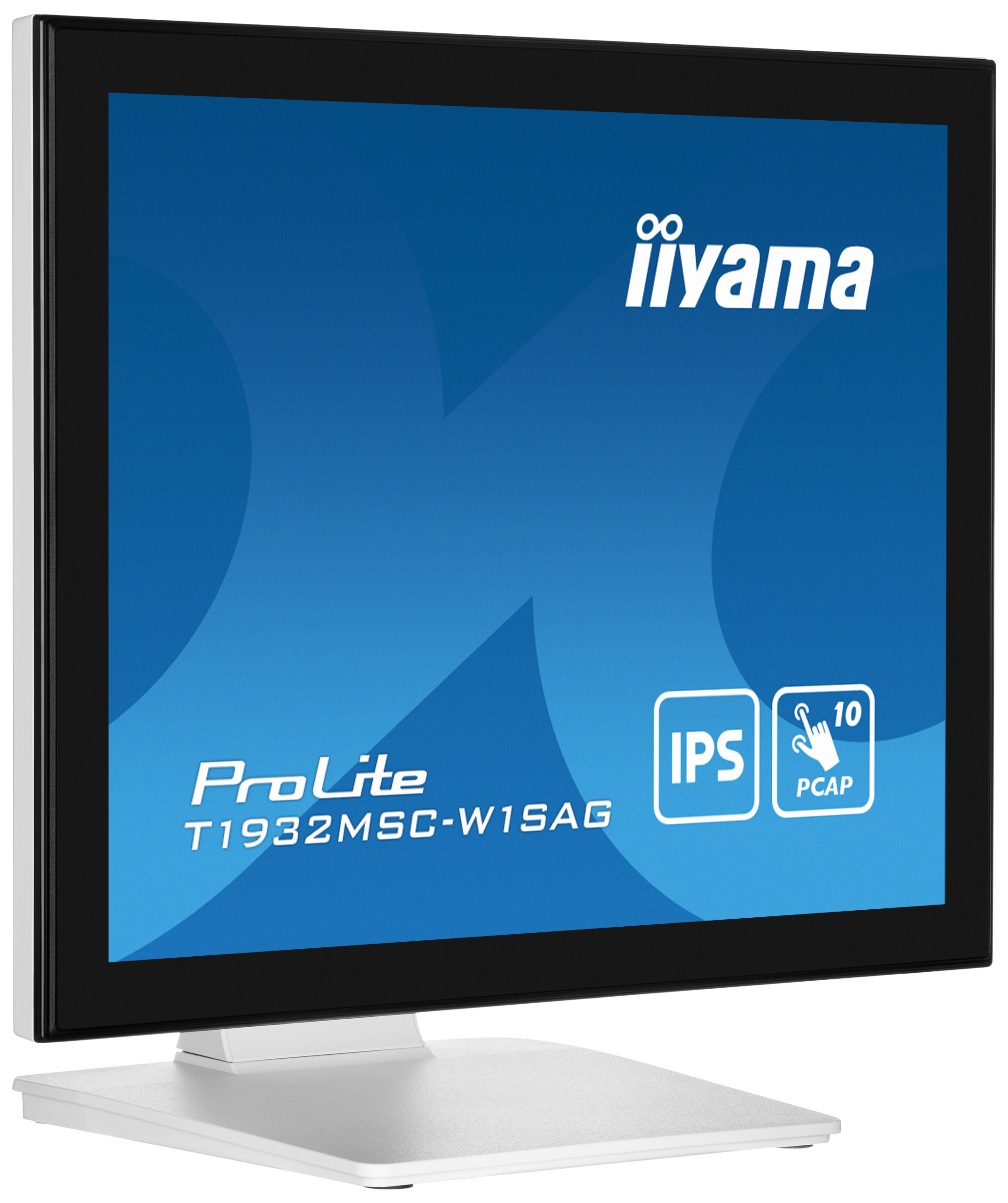 Ein weiß-schwarzer Computermonitor mit blauem Bildschirm, der das 'iiyama'-Logo und andere Details zeigt.