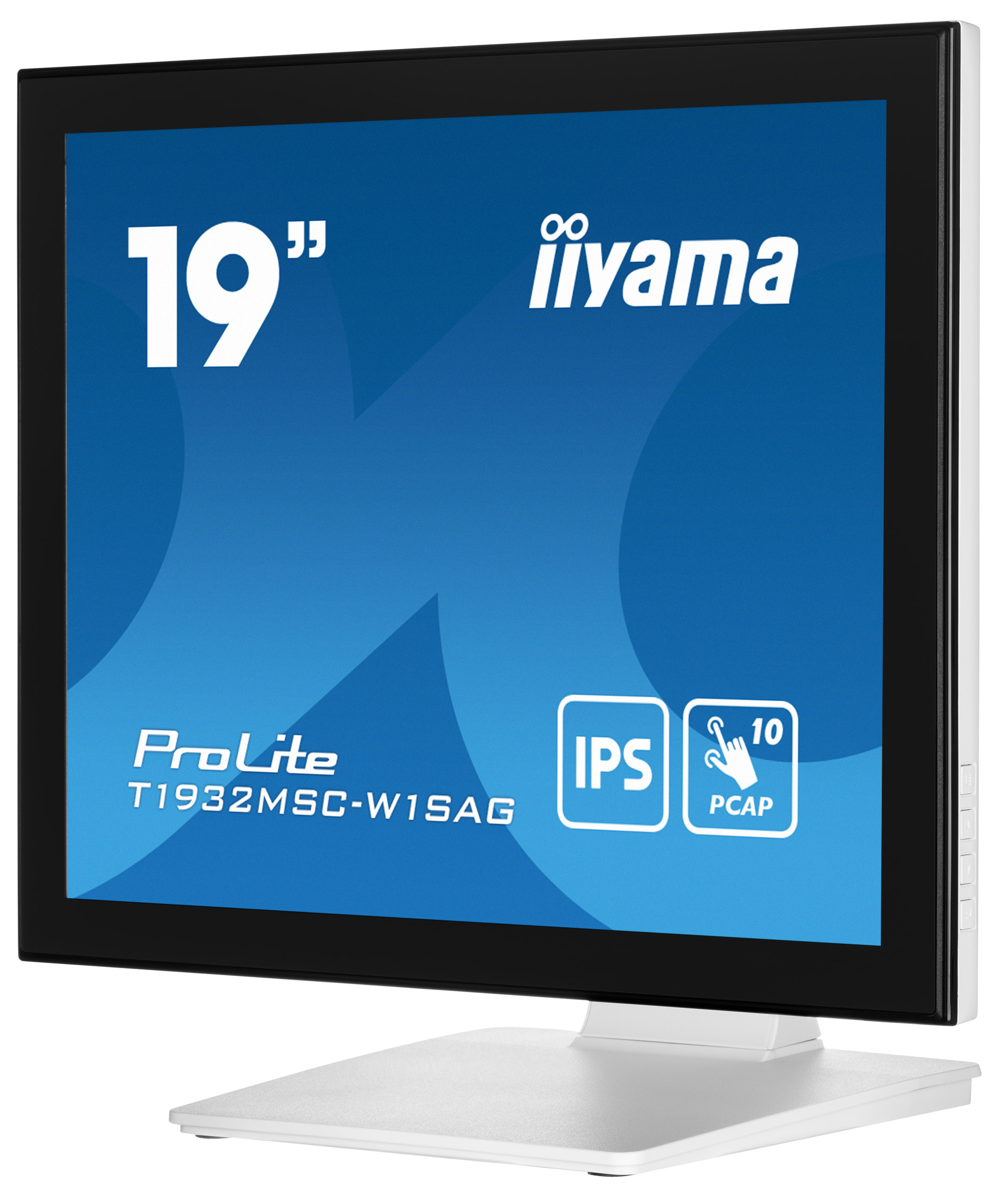 Ein 19-Zoll-iiyama ProLite-Monitor. Er hat eine schwarze Lünette und einen weißen Ständer. Der Bildschirm zeigt blaue Grafiken.