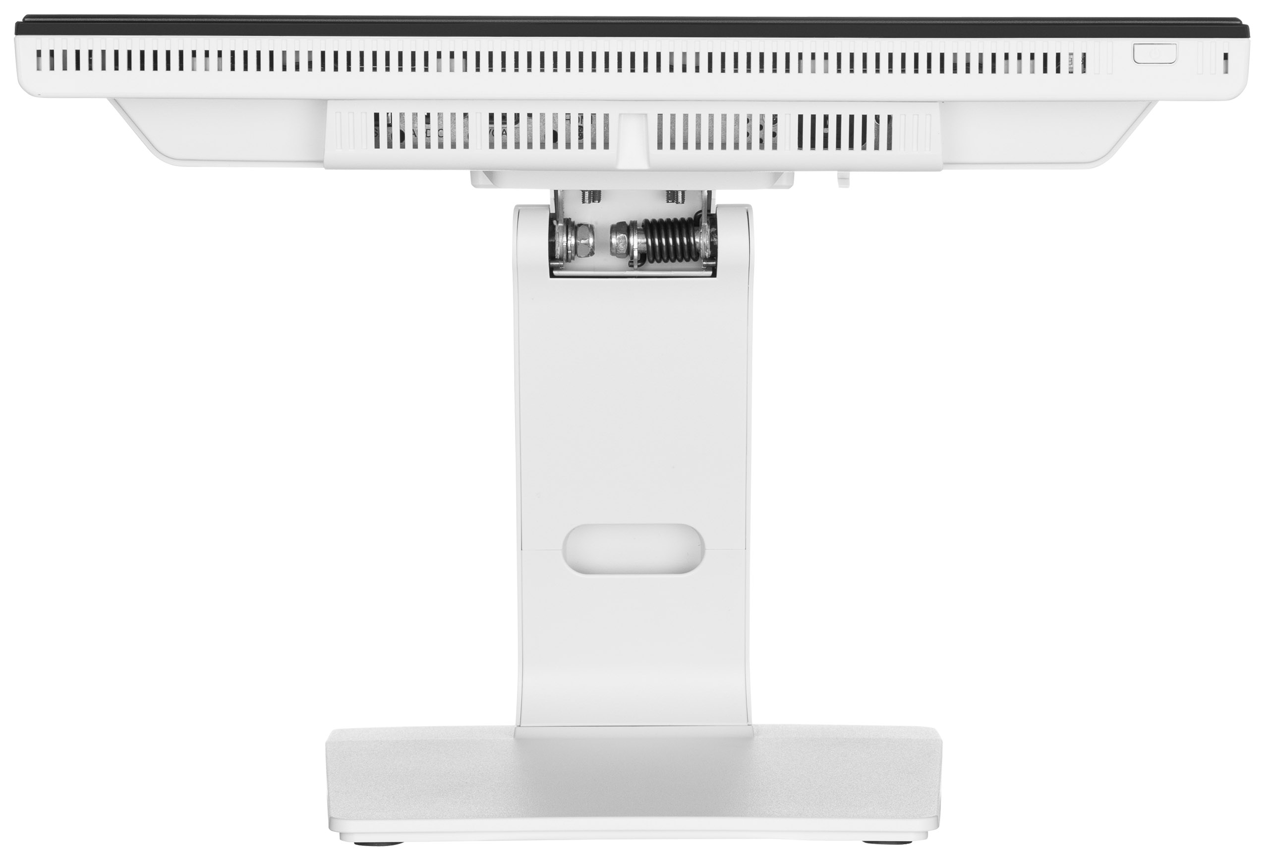 Ein weißer Computermonitor, der von einem weißen Ständer getragen wird. Der Bildschirm hat einen schwarzen Rand. Der Ständer hat einen ovalen Ausschnitt.