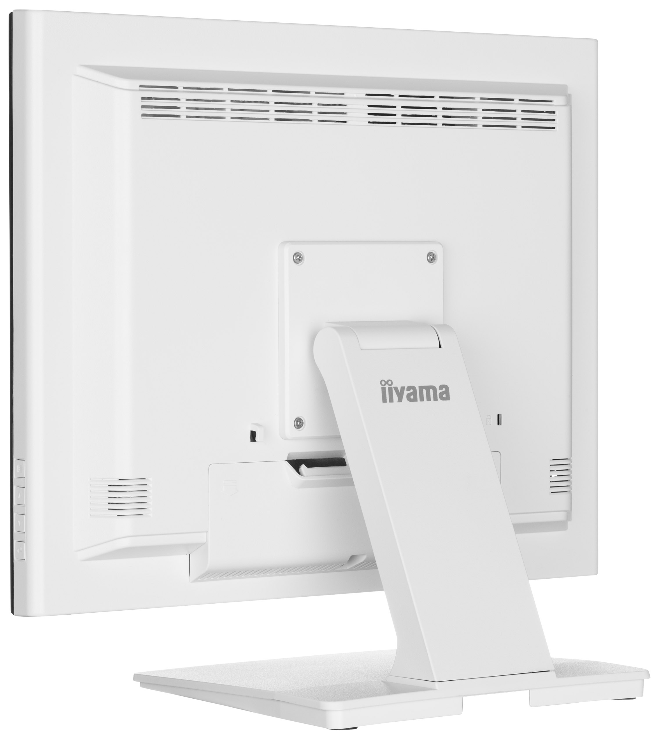 Rückansicht eines weißen Computermonitors. Er hat einen Ständer, Lüftungsschlitze und das iiyama-Logo.