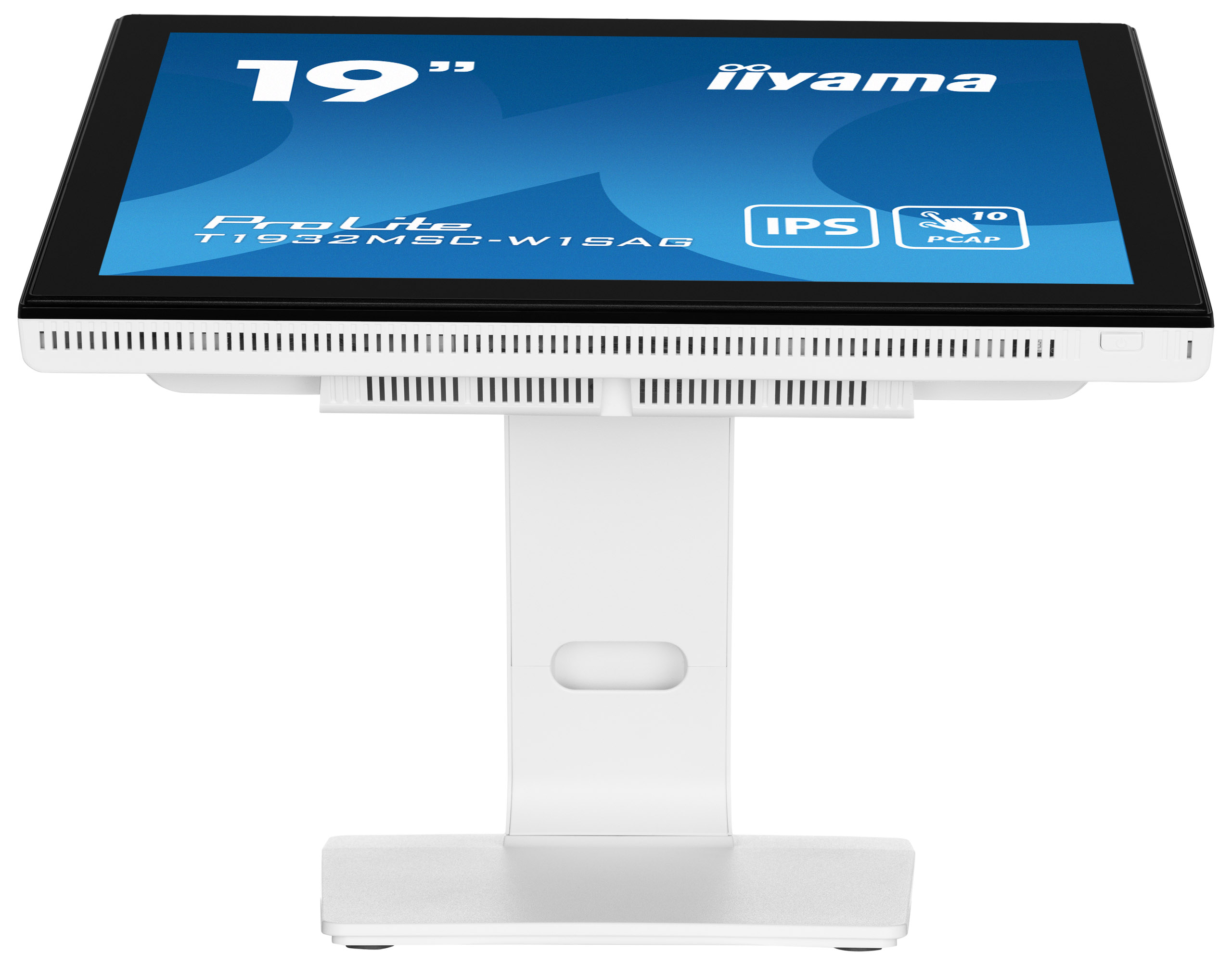 Ein weißer Touchscreen-Monitor. Er hat einen schwarzen Rahmen, einen blauen Bildschirm mit Text und Logos und einen weißen Standfuß.