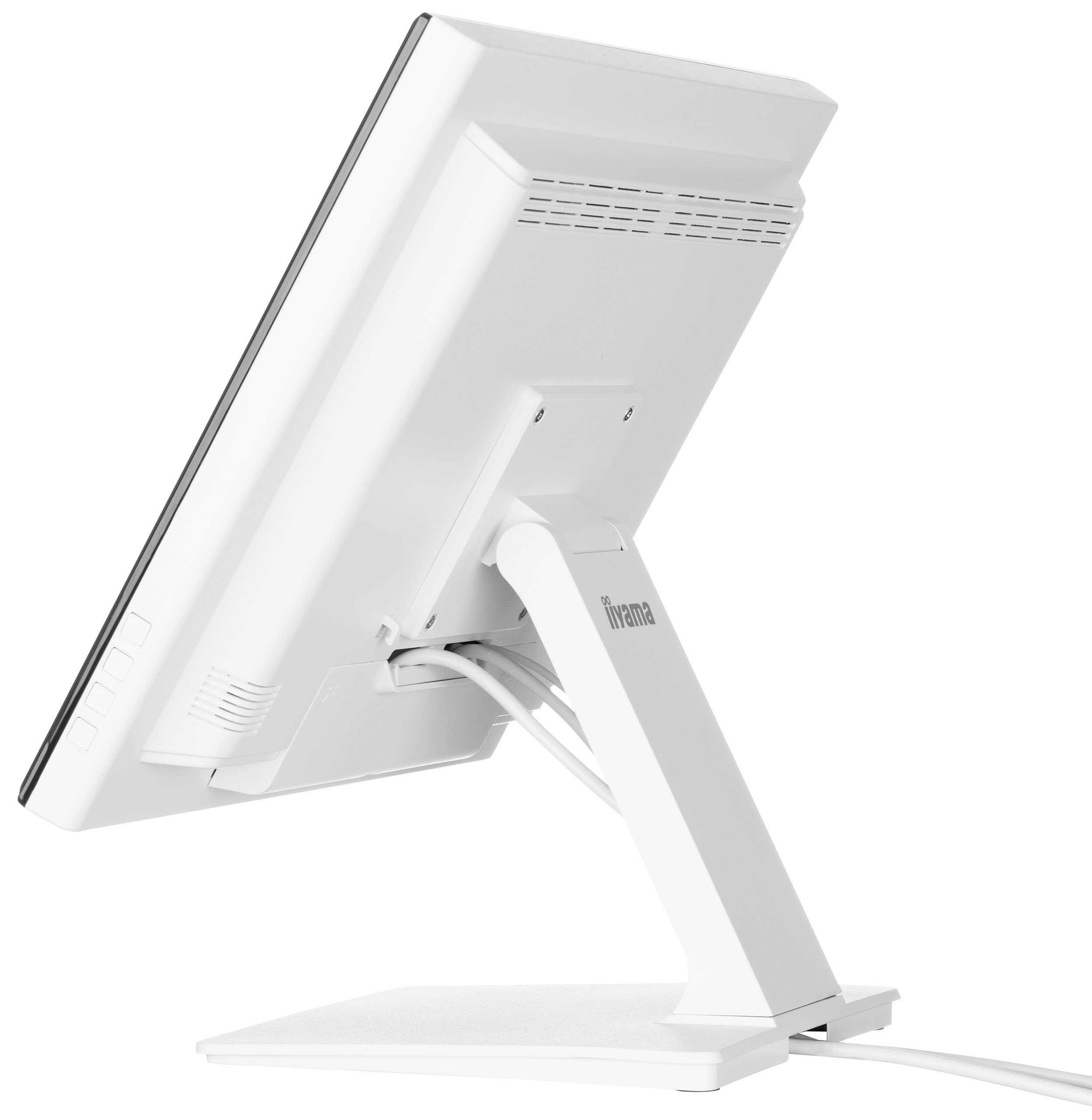 Ein weißer Computermonitor. Die Rückseite ist sichtbar und zeigt Lüftungsschlitze, einen Ständer und angeschlossene Kabel.