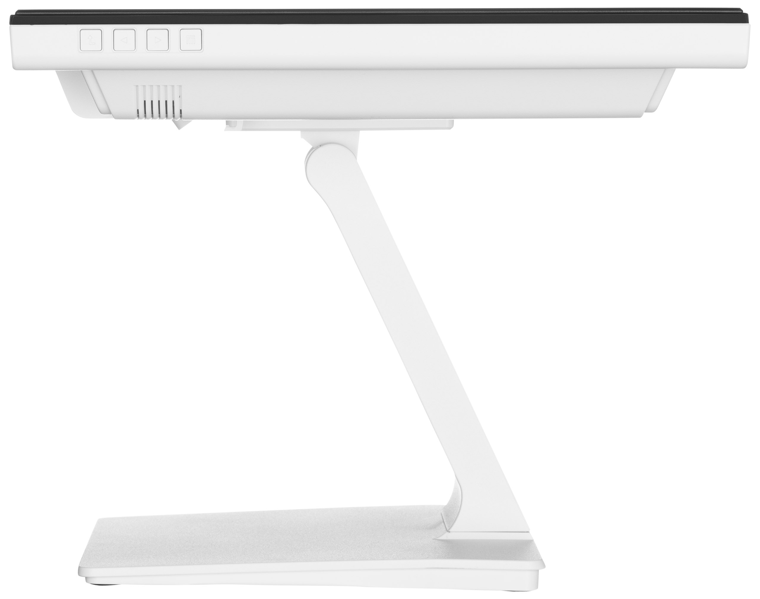 Ein weißer Monitor mit schwarzem oberem Rand, der von einem weißen Ständer getragen wird. Knöpfe befinden sich am oberen Rand.