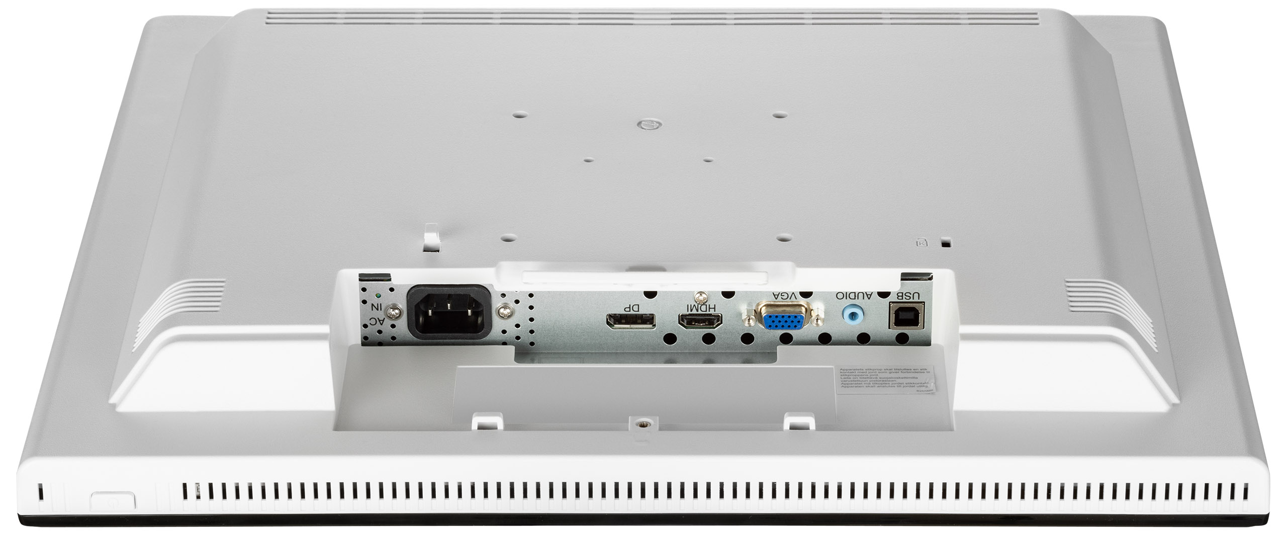 Rückseite eines weißen Computermonitors mit Anschlüssen für Strom, DP, HDMI, VGA, Audio und USB.