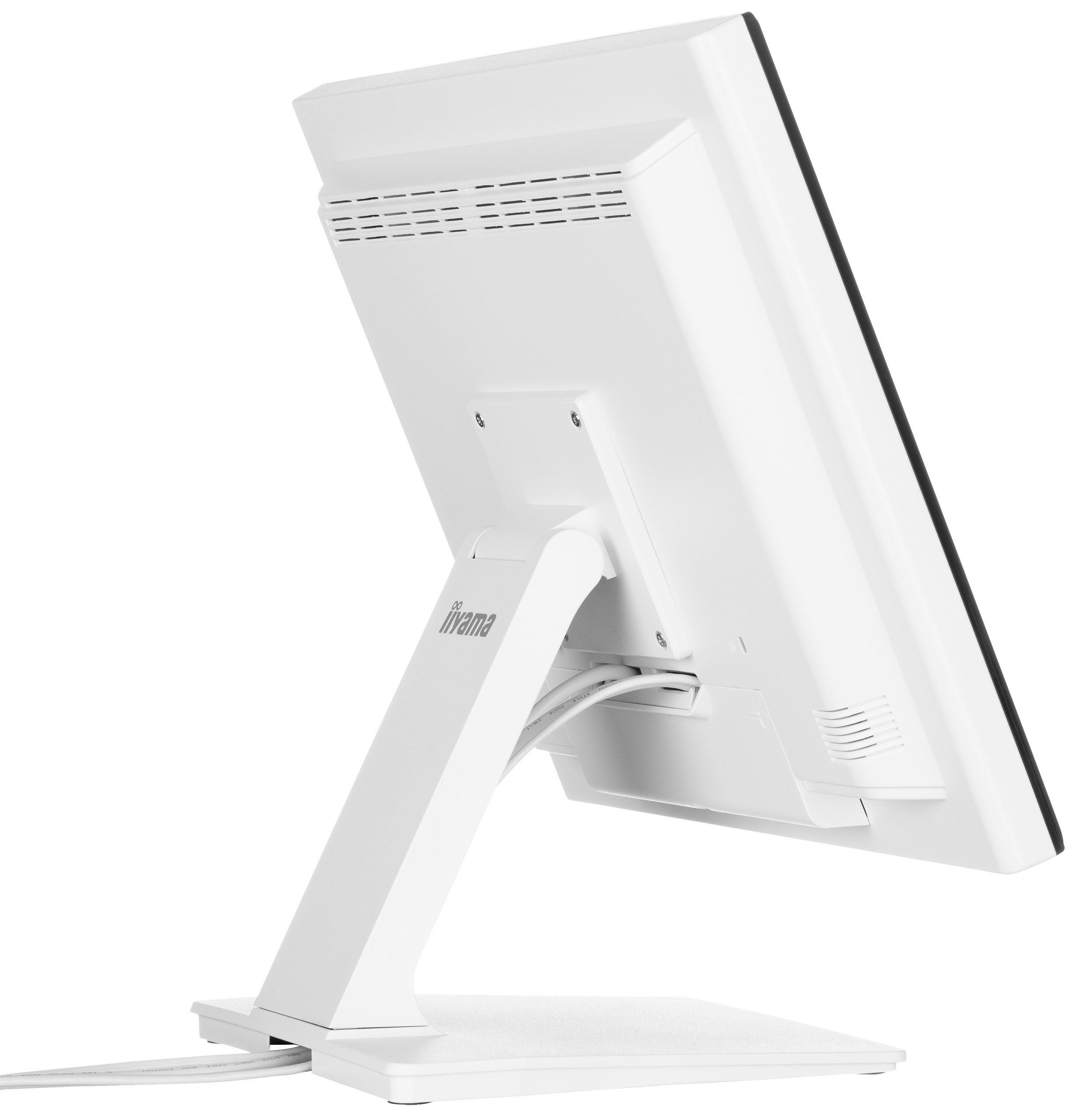 Ein weißer Computermonitor auf einem weißen Ständer. Die Rückseite des Monitors ist sichtbar, mit schwarzem Rand und Belüftung.