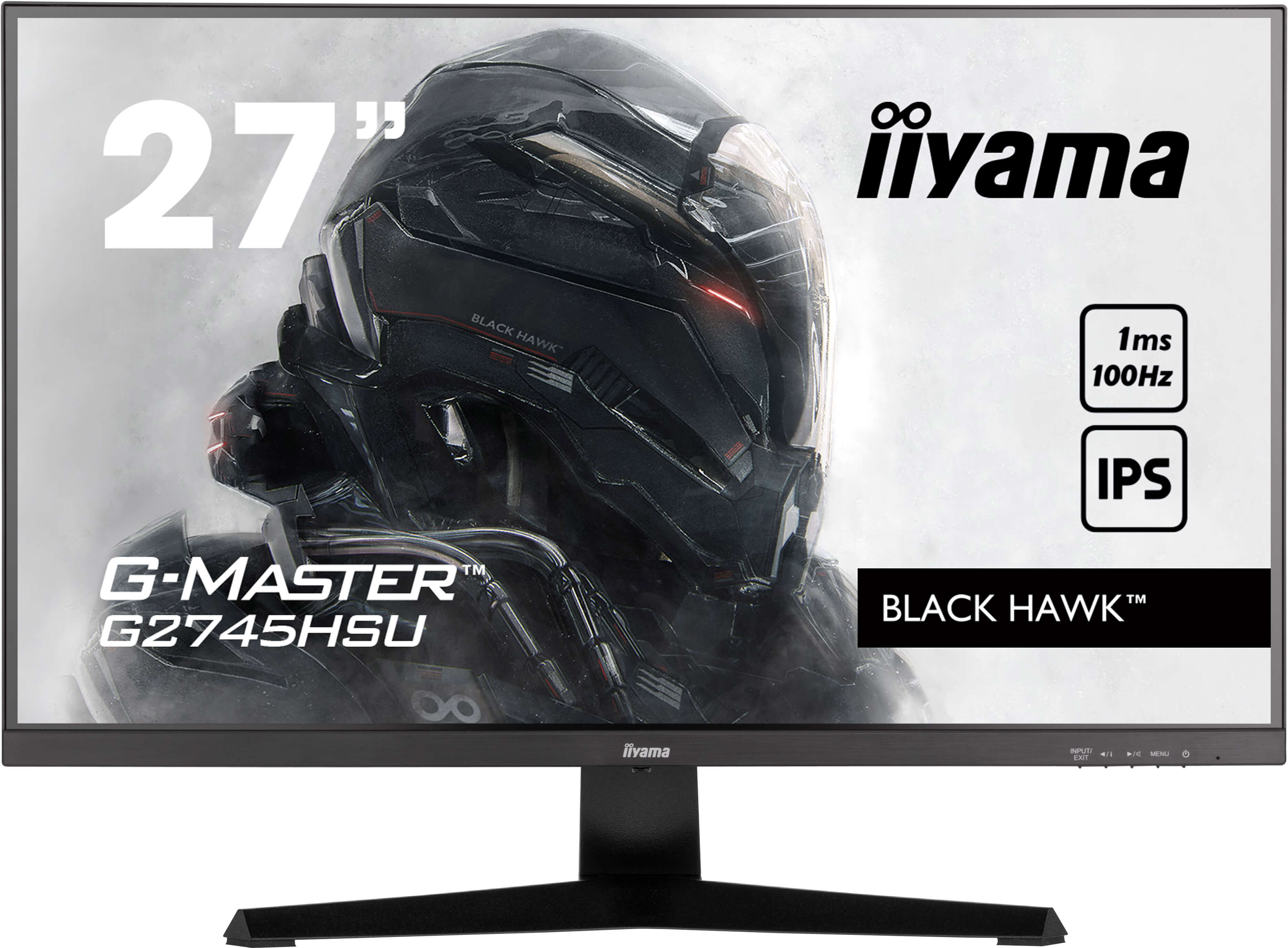 27-calowy monitor iiyama prezentuje futurystyczny design. Posiada branding 'BLACK HAWK' i 'G-MASTER'.