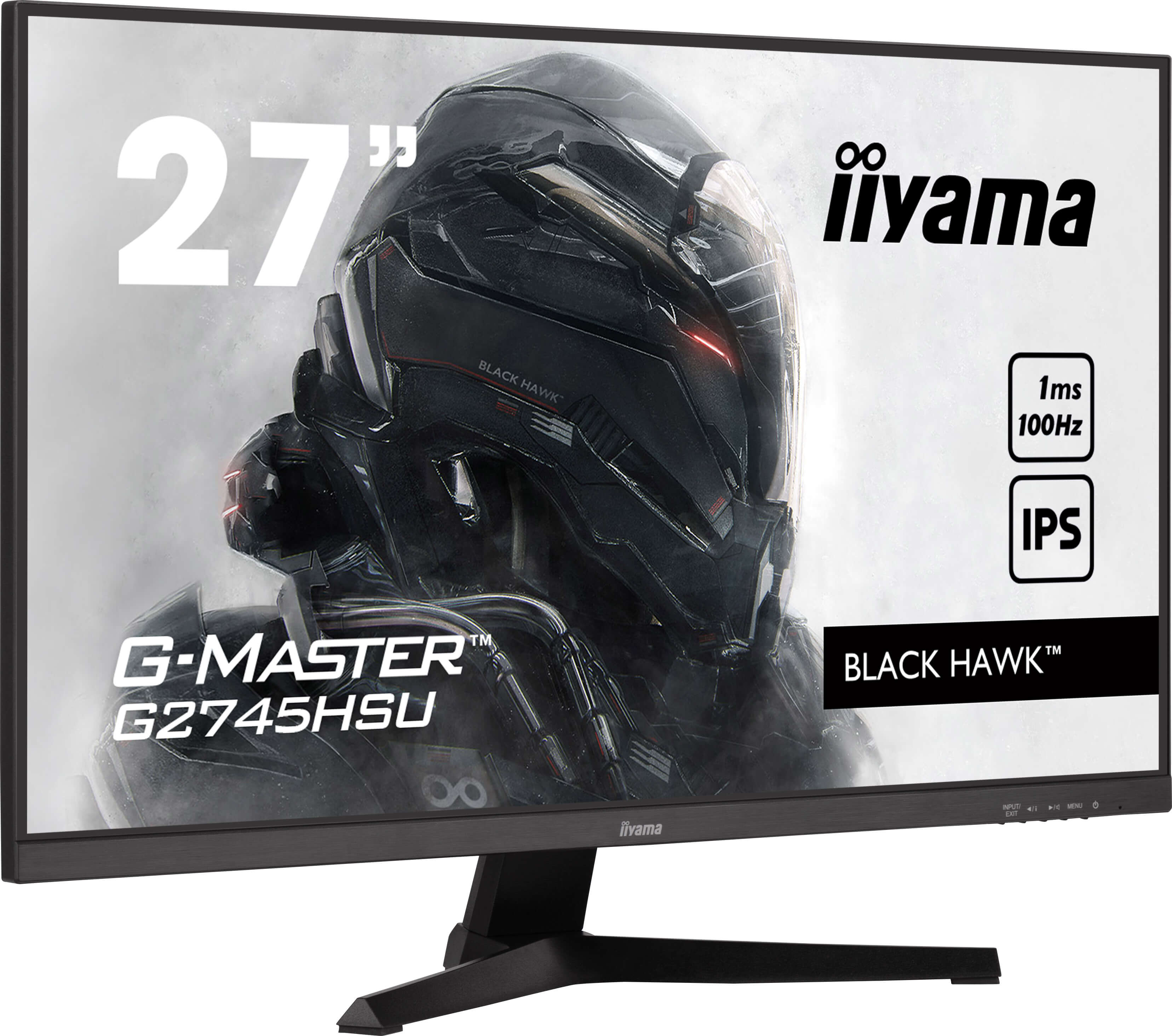 Monitor komputerowy wyświetla czarny, robotyczny hełm z tekstem: 27", iiyama, G-MASTER, BLACK HAWK, IPS i inne specyfikacje.