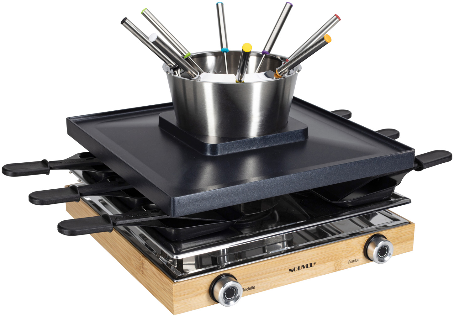 Set per raclette e fondue con pentola in acciaio inox, griglia nera e base in legno. Include forchette con punte colorate.