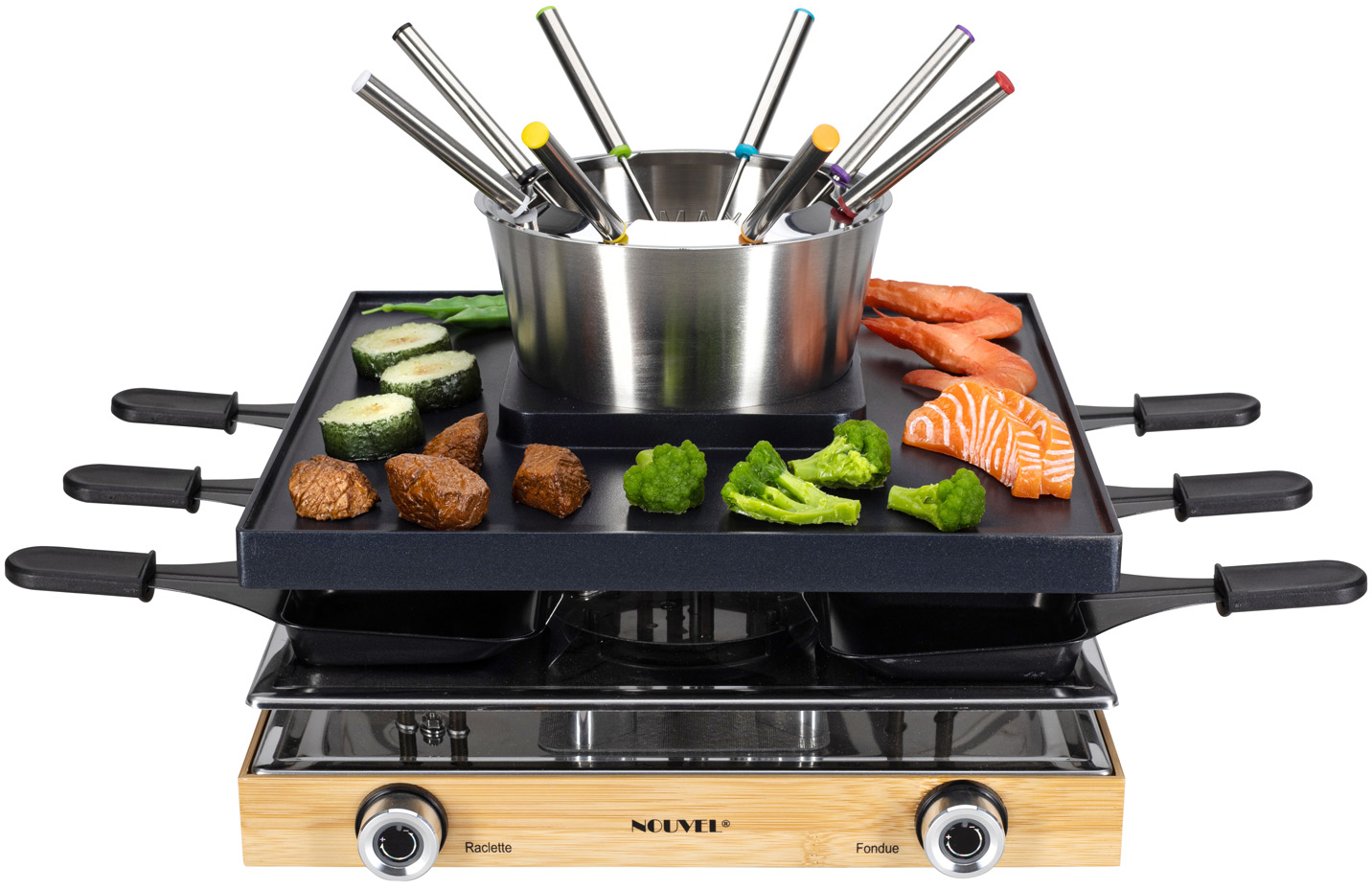 Set per raclette e fondue con alimenti come verdure, carne e frutti di mare. Include una pentola con forchette e base riscaldante.