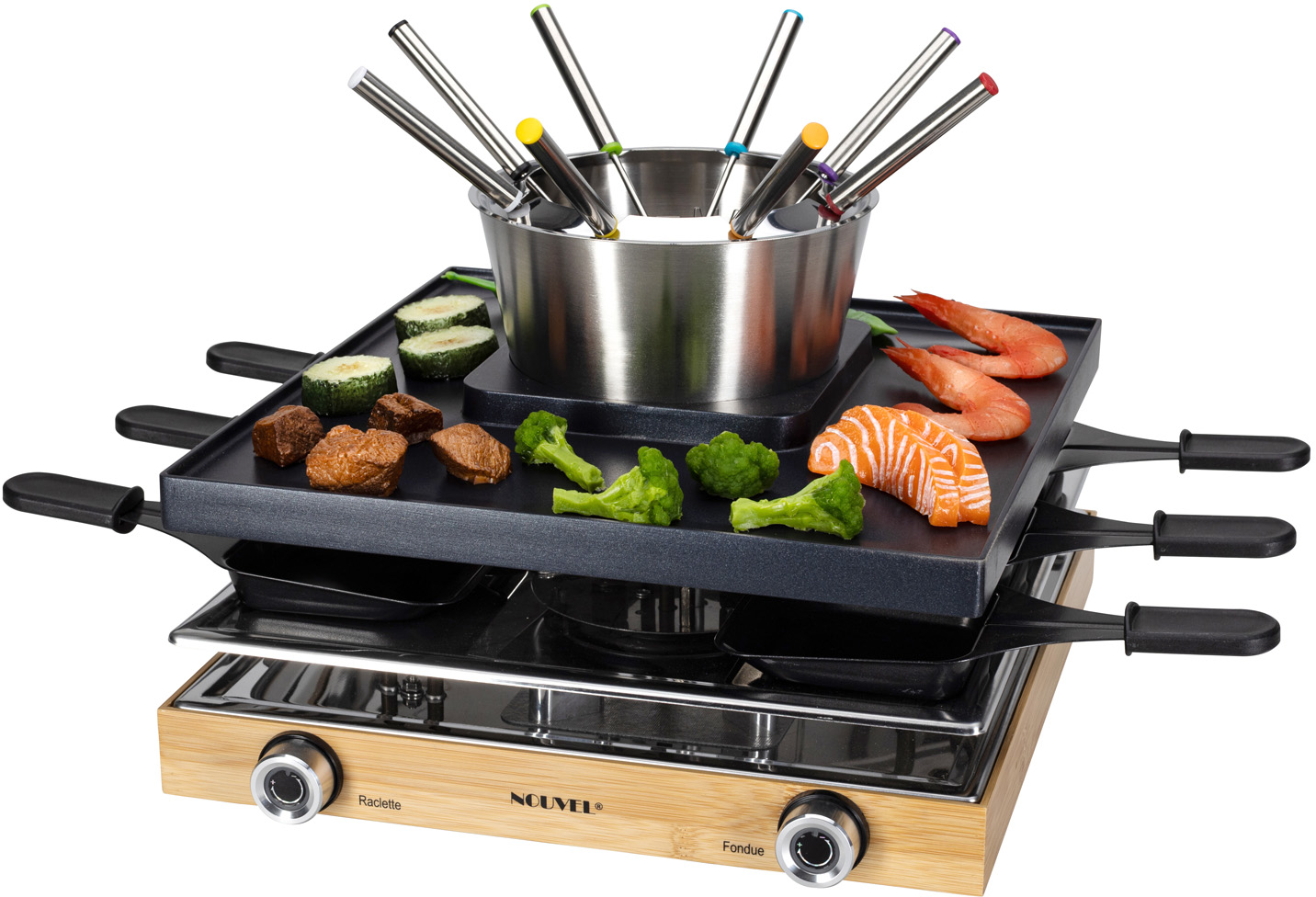 Un set per fonduta e raclette con cibi come carne, verdure e frutti di mare. Pentola e spiedini in acciaio inox visibili.