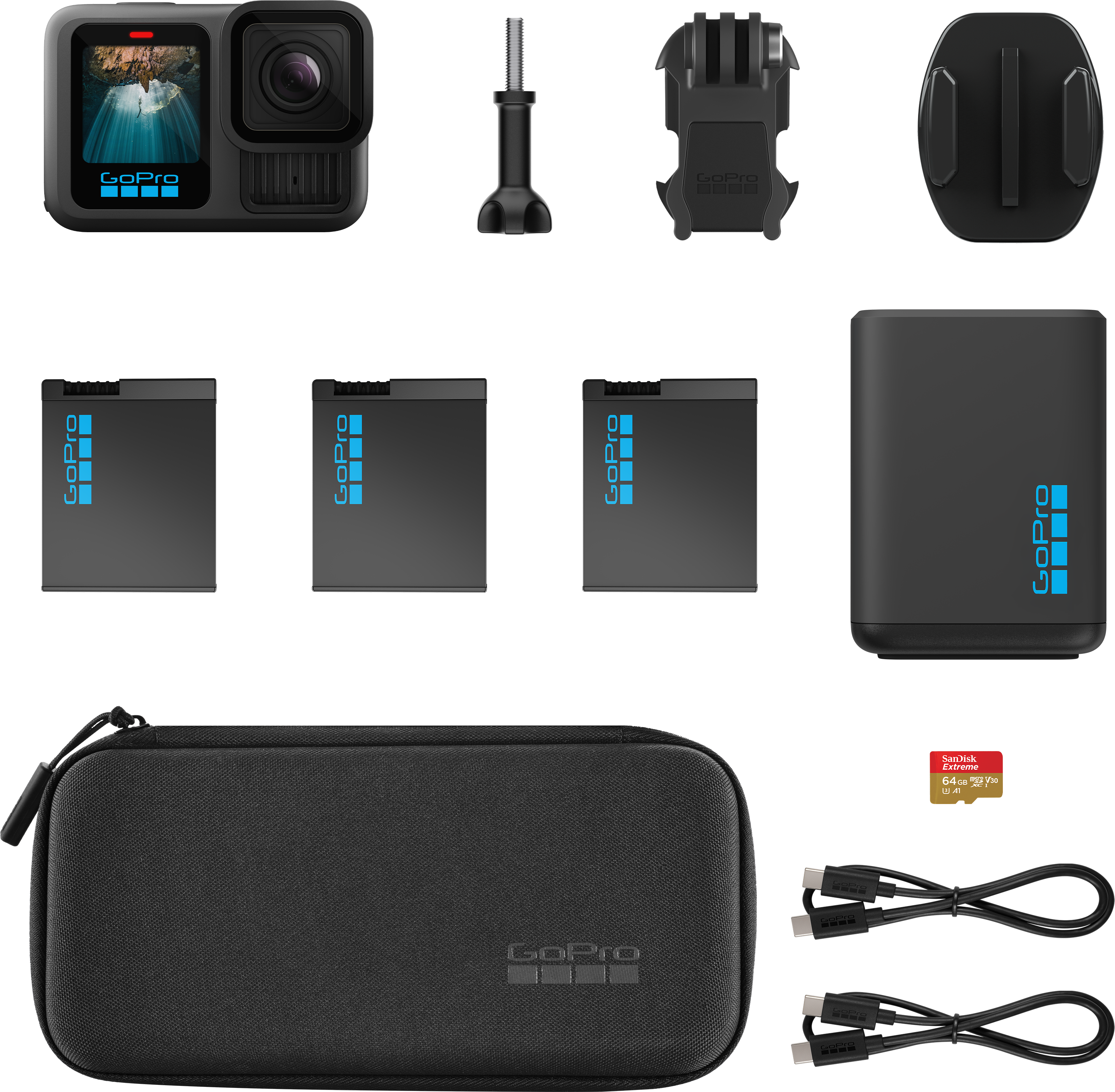 GoPro-Kamera, Zubehör, darunter Halterungen, Akkus, Ladegerät, SD-Karte, Kabel und eine Tragetasche, alles schwarz.