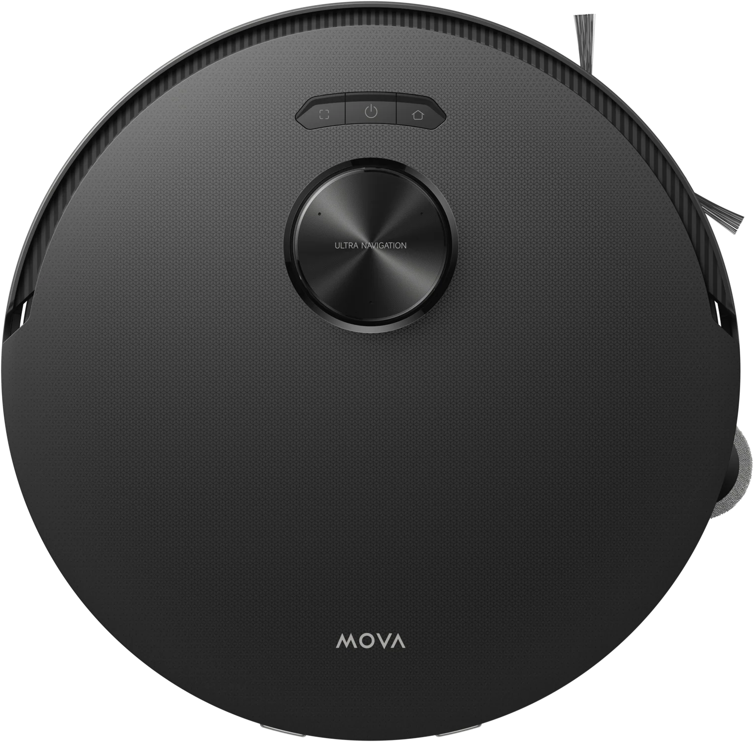 Un aspirapolvere robotico MOVA nero. Ha una forma circolare con pulsanti e un pulsante Ultra Navigation. Lo sfondo è nero.