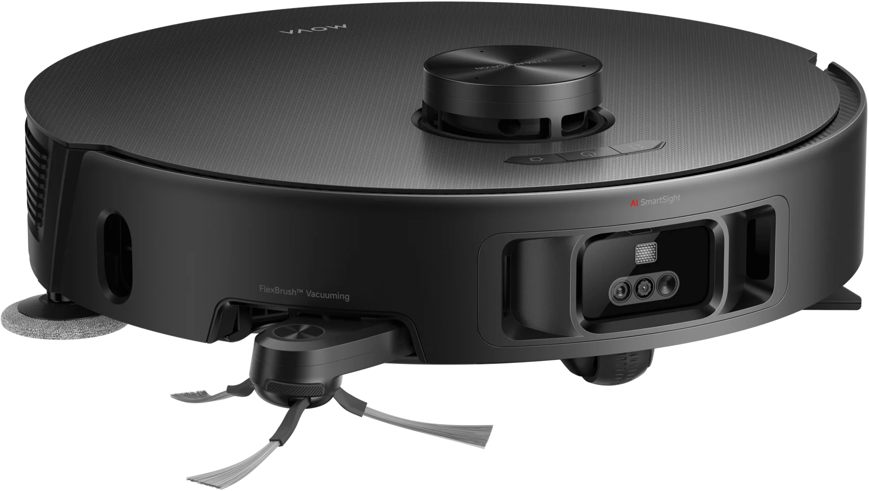 Un robot aspirapolvere nero con un design circolare. Ha sensori, spazzole e le parole 'SmartSight' e 'FlexBrush Vacuuming'.