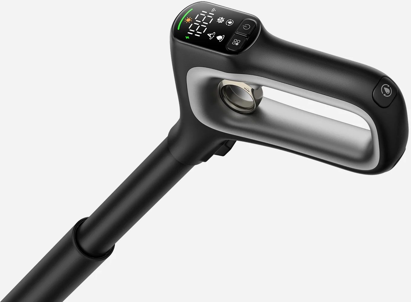 Schwarzer und silberner Staubsaugergriff mit LED-Anzeige. Sie zeigt Batterie, Wi-Fi und andere Symbole.