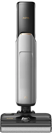 Image verticale d'un aspirateur sans fil MOVA argent et noir. L'aspirateur a un long corps et une tête de nettoyage en bas.