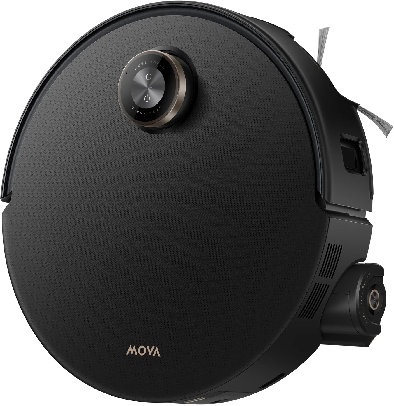 Un aspirapolvere robot MOVA nero. Ha una forma circolare con pulsanti e testo. Sul davanti c'è il marchio MOVA.