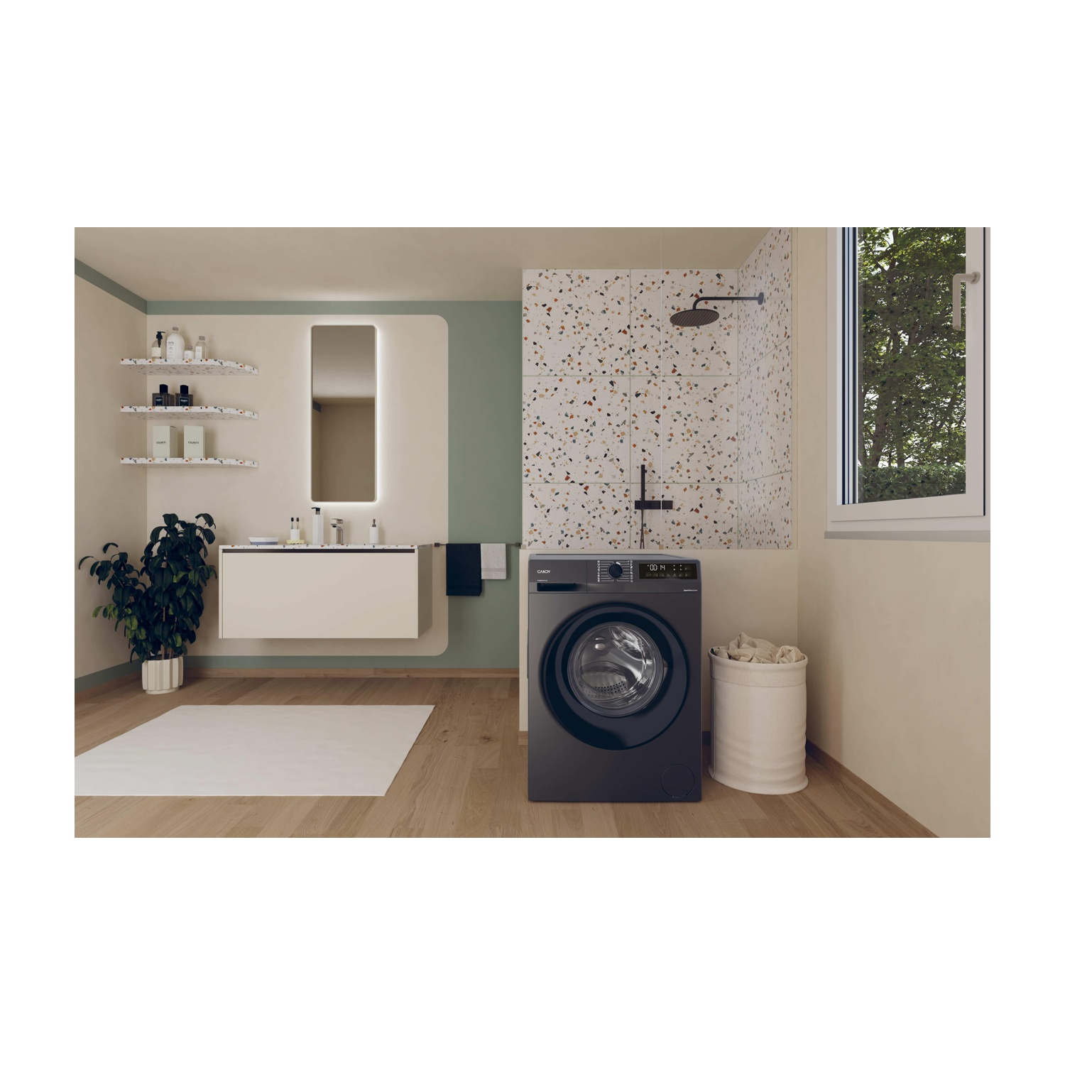 Un bagno moderno con una lavatrice nera. Un lavandino e uno specchio bianchi sono sulla parete. Una finestra è aperta, mostrando alberi.