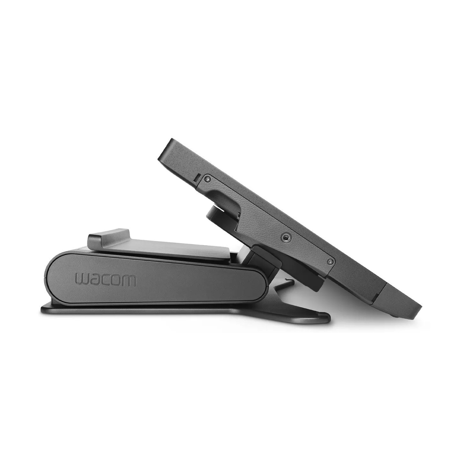 Un supporto grigio per tablet Wacom. Il tablet è inclinato verso l'alto, mostrando lo schermo. Il supporto ha il logo Wacom.