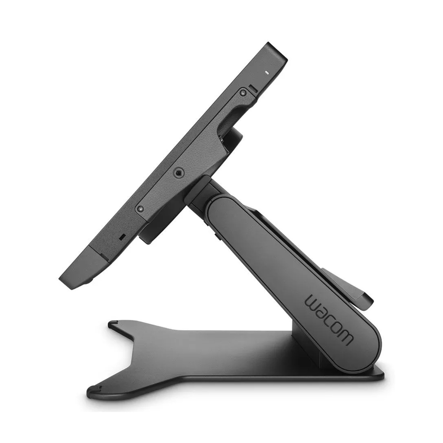 Un supporto nero per tablet Wacom. Il supporto è angolato, con uno schermo simile a un tablet sopra. La base ha una forma unica.
