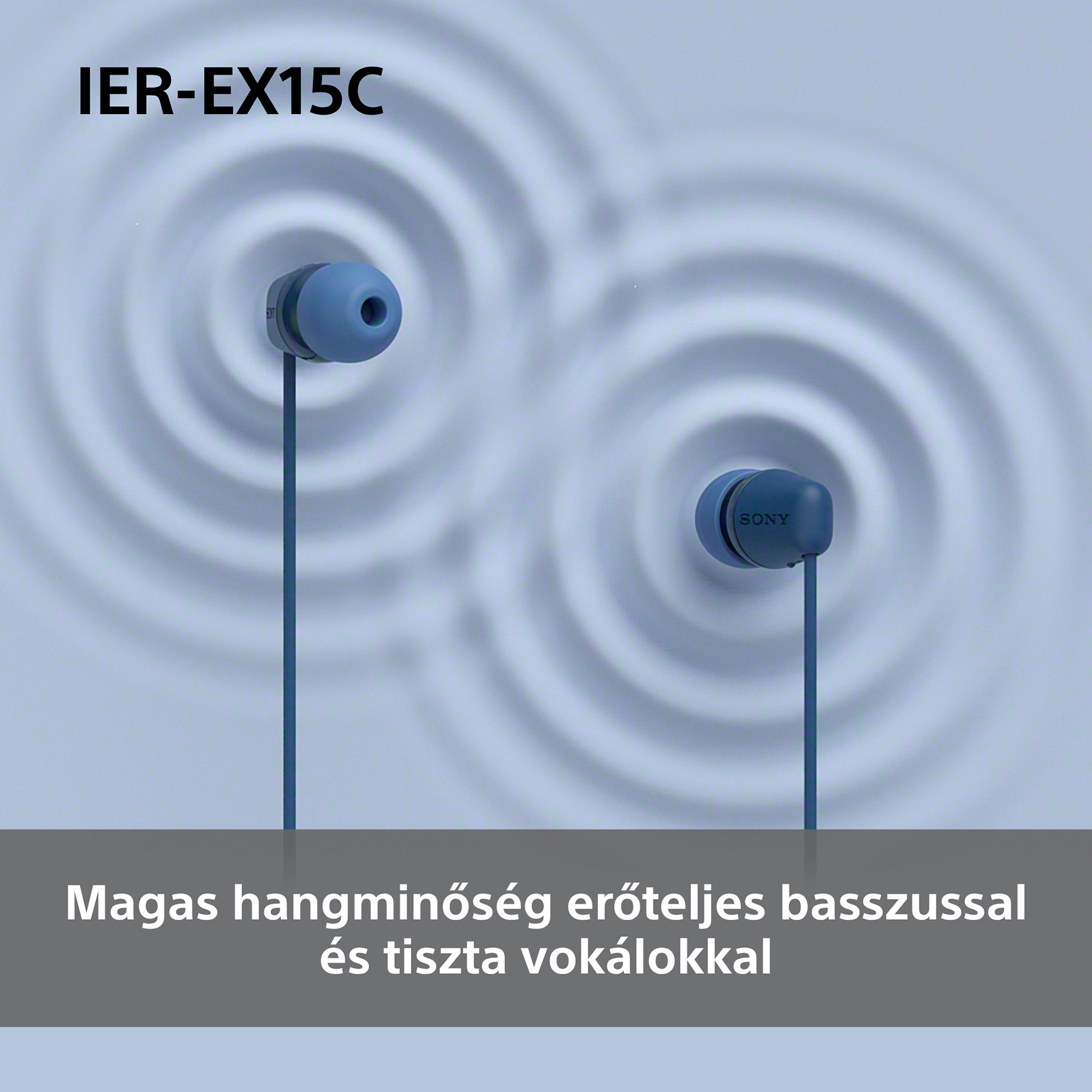 Két kék fülhallgató kék háttéren, körkörös mintával. Felül az 'IER-EX15C' felirat látható.