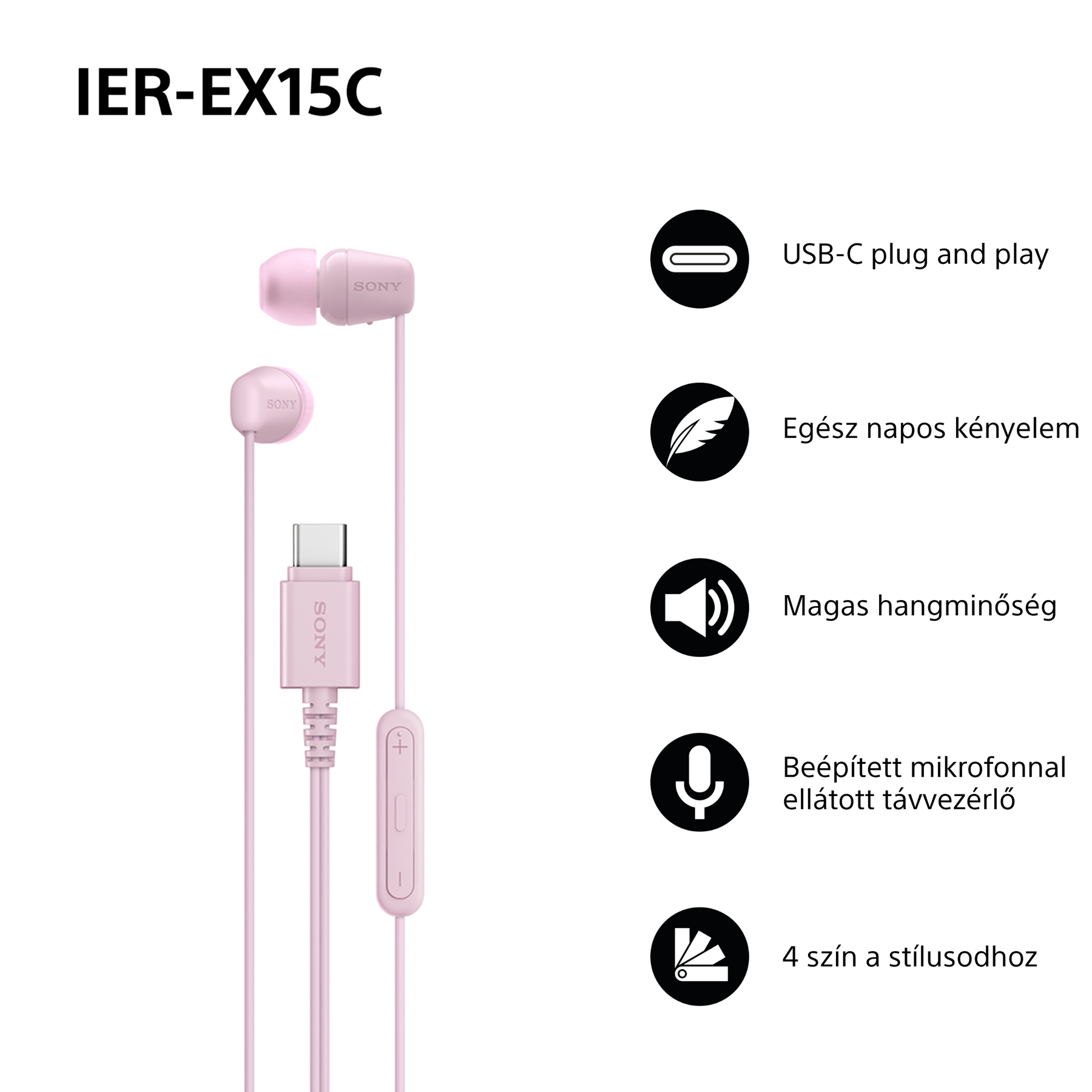 Rózsaszín Sony IER-EX15C fülhallgatók USB-C csatlakozóval és funkciókat ábrázoló ikonokkal.