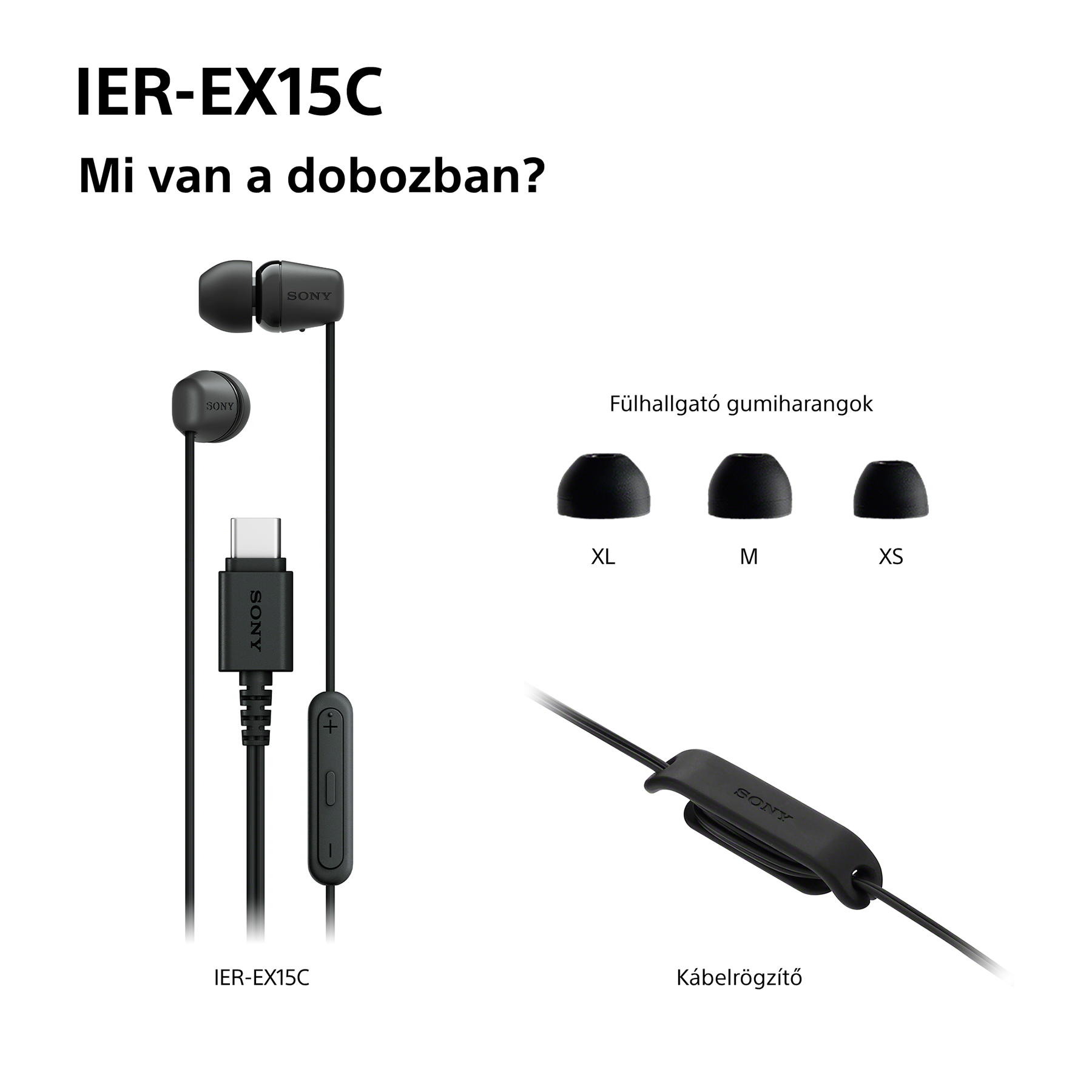 Fekete Sony IER-EX15C fülhallgatók extra füldugókkal és kábelfogóval, fehér háttérrel.
