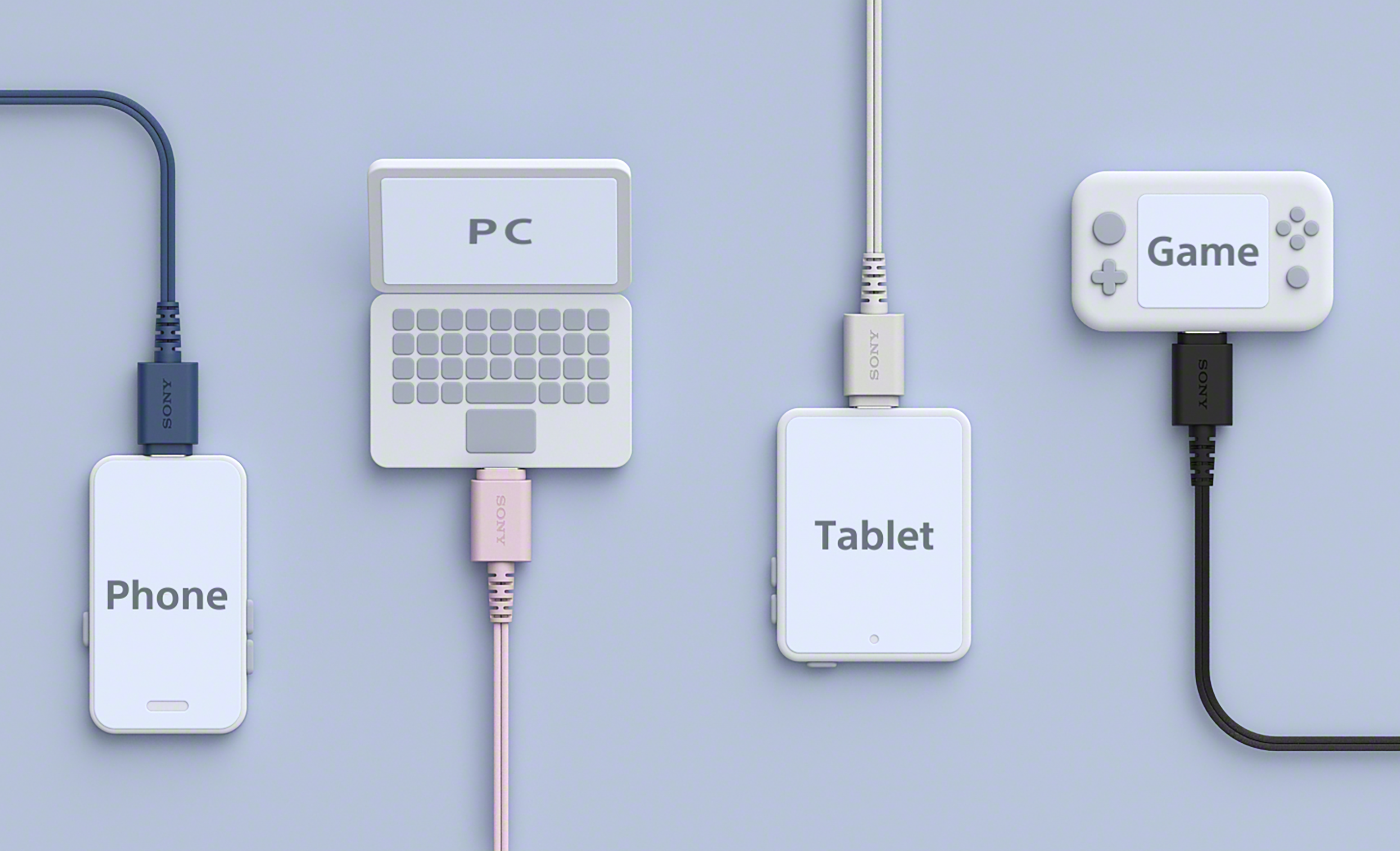 Fehér eszközök (telefon, laptop, tablet, játék) színes kábelekkel összekötve. Minden eszköz fel van címkézve. A háttér világoskék.