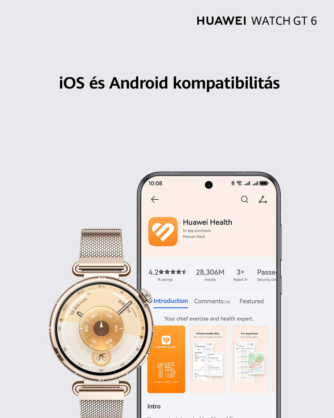 Egy Huawei Watch GT 6 egy telefon képernyővel, amely a Huawei Health alkalmazást jeleníti meg. Az óra arany színű, hálós szíjjal.