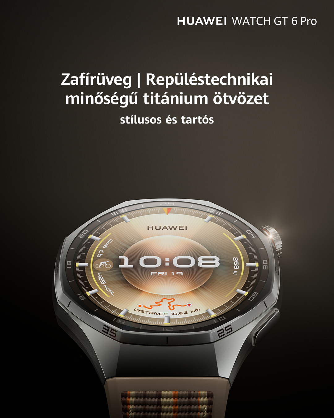 A Huawei Watch GT 6 Pro óra látható, mely időt és fitnesz adatokat mutat. A karóra titán ötvözet tokkal és mintás szíjjal rendelkezik.