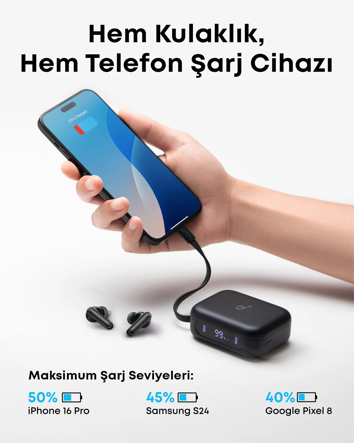 Bir el şarj olan bir telefonu tutuyor. Kulaklıklar ve bir güç bankası altta. Metin, farklı telefonlar için şarj seviyelerini gösterir.