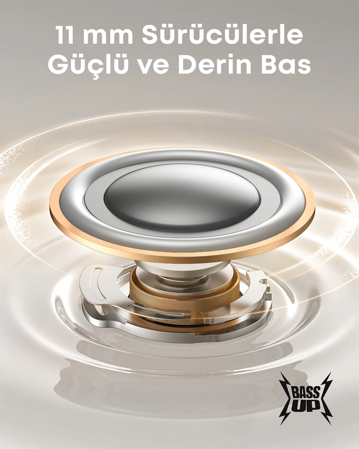 Bir hoparlör bileşeninin yakın çekimi. Gümüş ve altın detaylar, "11 mm Sürücülerle Güçlü ve Derin Bas" metni ile birlikte görülebilir.