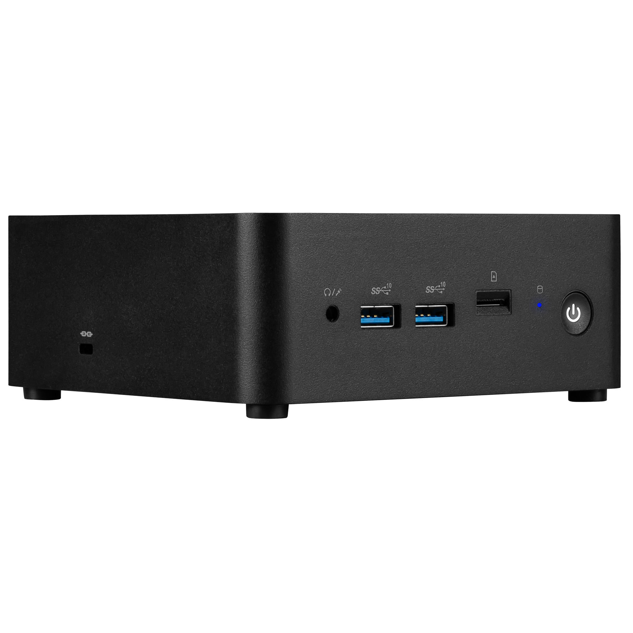Kleine, zwarte computer, vooraanzicht. Voorzien van USB-poorten, audio-aansluiting, aan/uit-knop en blauw licht.