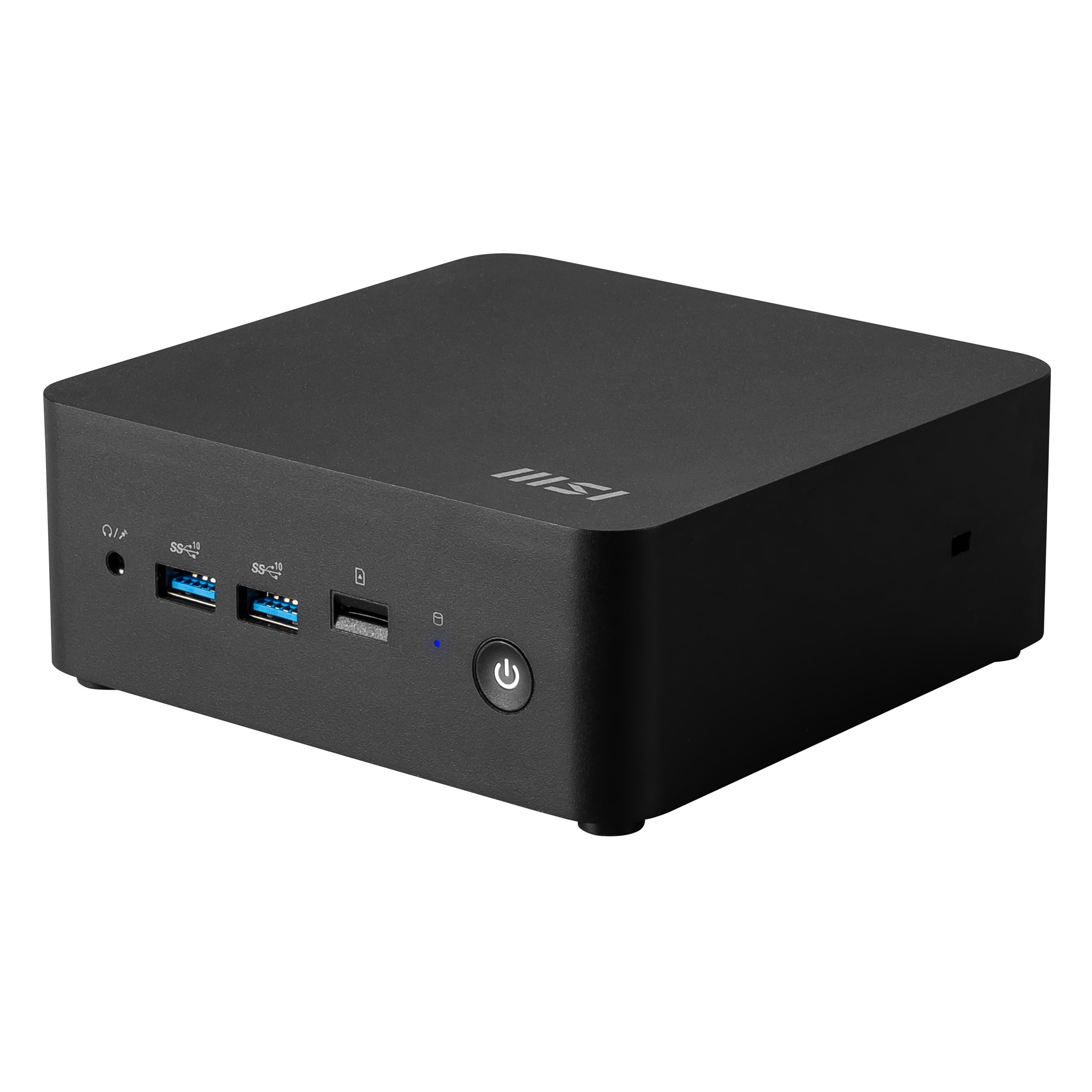 Een zwarte mini-pc met het MSI-logo. Het heeft poorten voor USB, audio en stroom. Er is een aan/uit-knop zichtbaar.