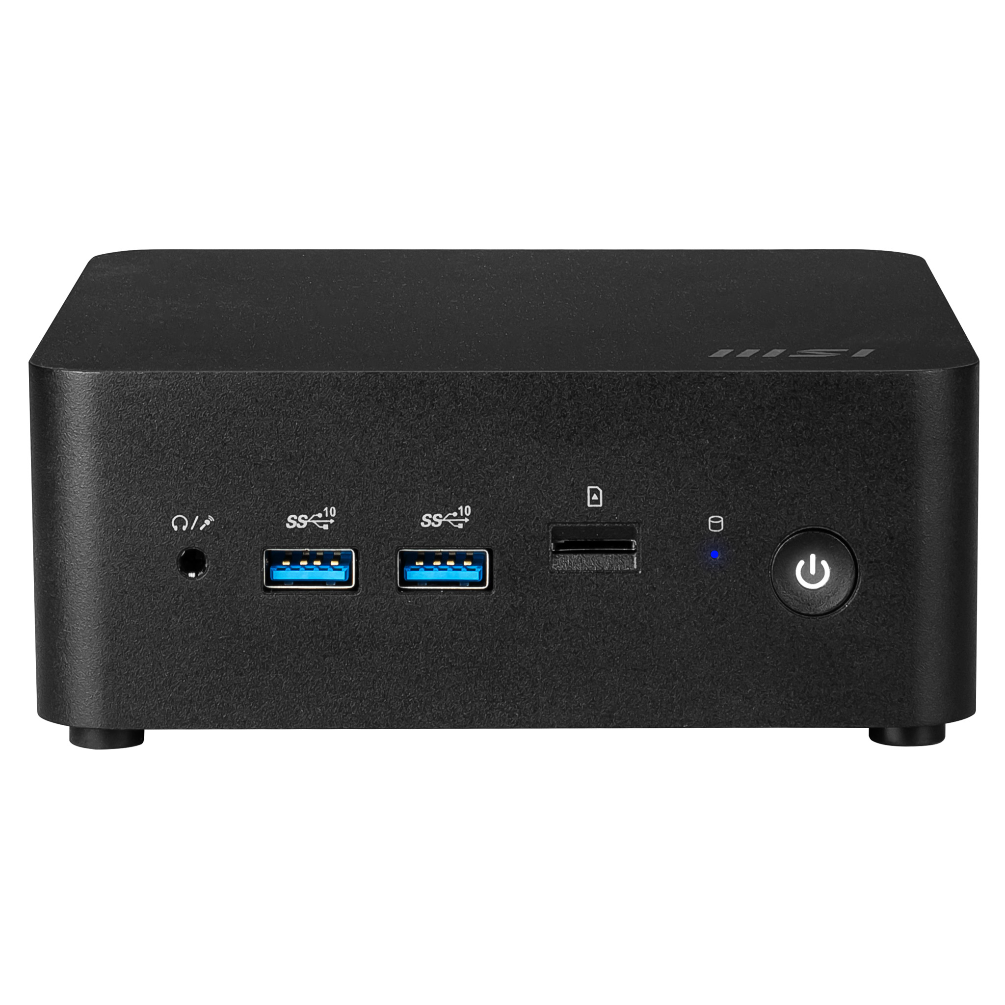Een zwarte MSI mini-pc met meerdere poorten en een aan/uit-knop. Het heeft een blauwe LED en een kaartlezer.