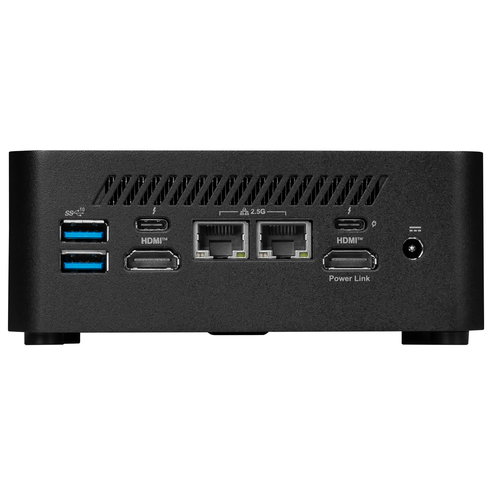 Zwart mini-pc vooraanzicht. Beschikt over USB, HDMI poorten, LAN poorten en een stroomingang.