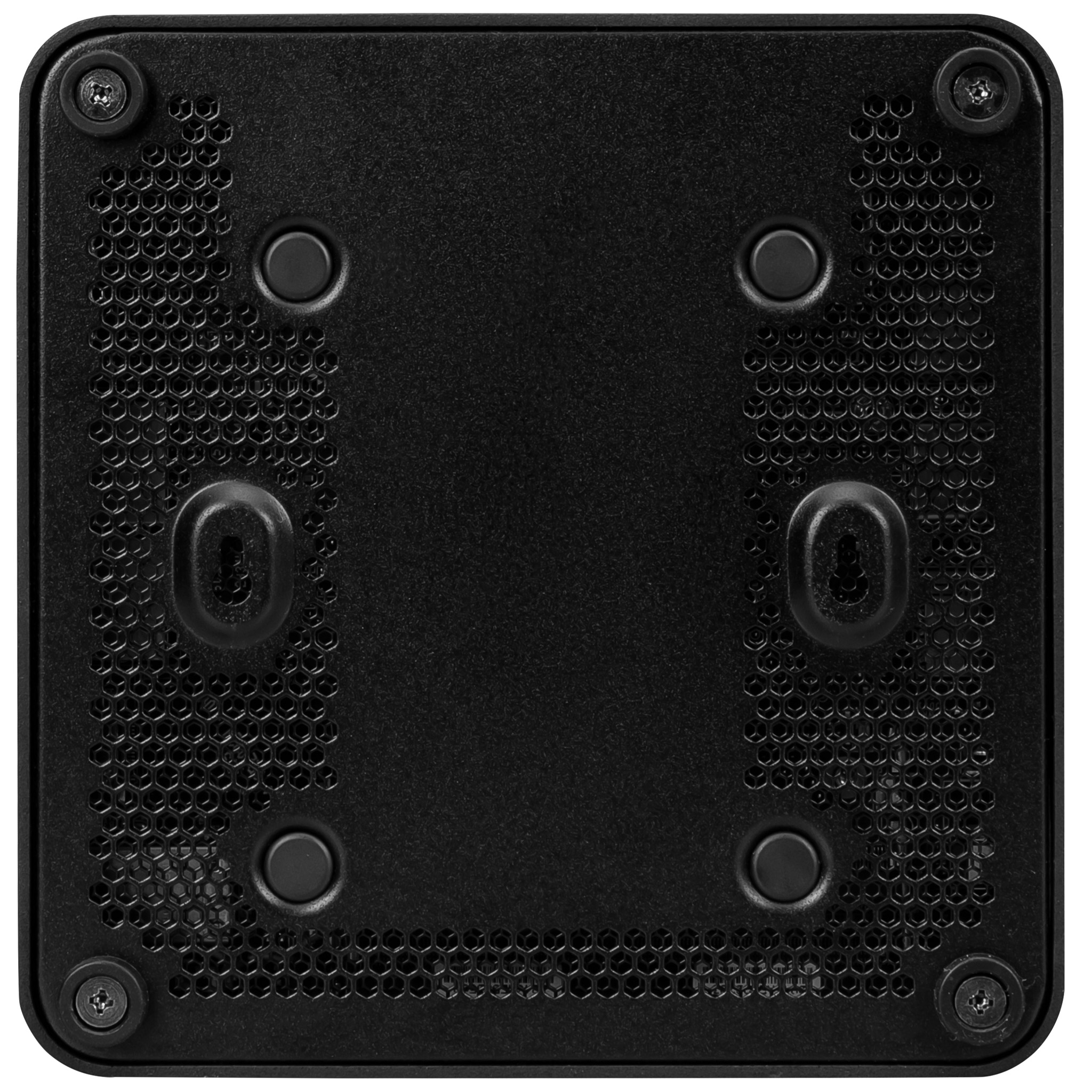 Zwart vierkant apparaat met schroefkoppen, ronde pads en ventilatiegaten met patroon.