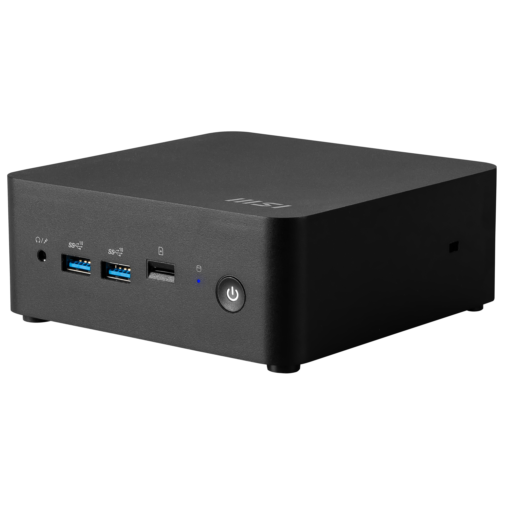 Een kleine, zwarte computer met meerdere poorten en een aan/uit-knop aan de voorkant. De merknaam staat bovenop.