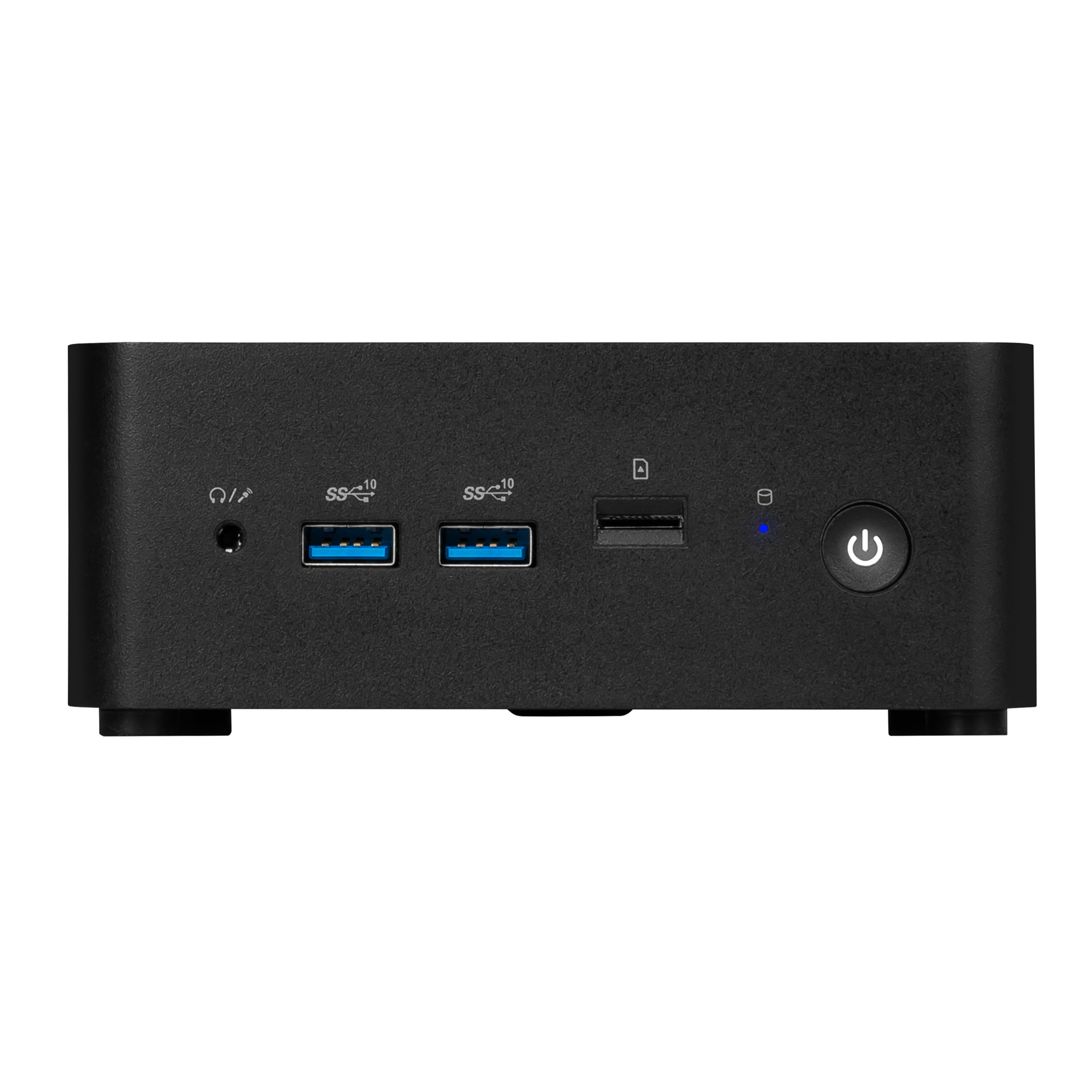 Zwart computerapparaat. Het heeft een aan/uit-knop, USB-poorten, audio-aansluitingen en een kaartlezer.