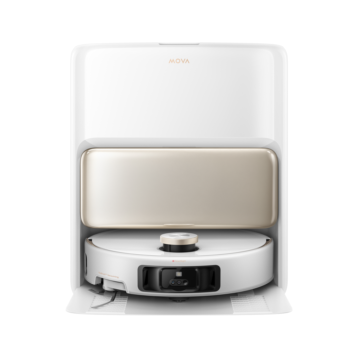 A white MOVA robot vacuum cleaner in its charging station. The station is white and gold, the cleaner is white and black.