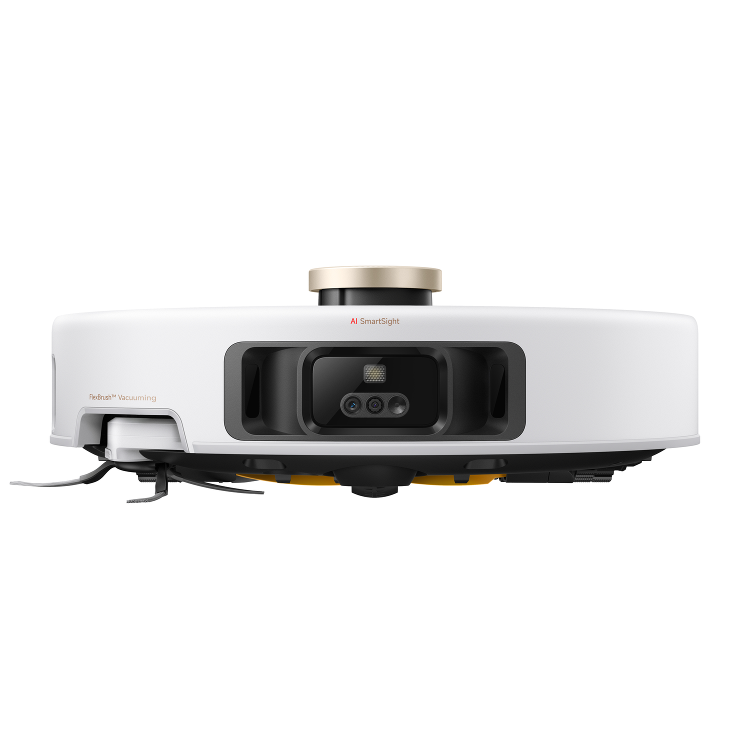 A white robotic vacuum cleaner with black and yellow accents. It has a camera and a gold-colored top. The design includes a brush.